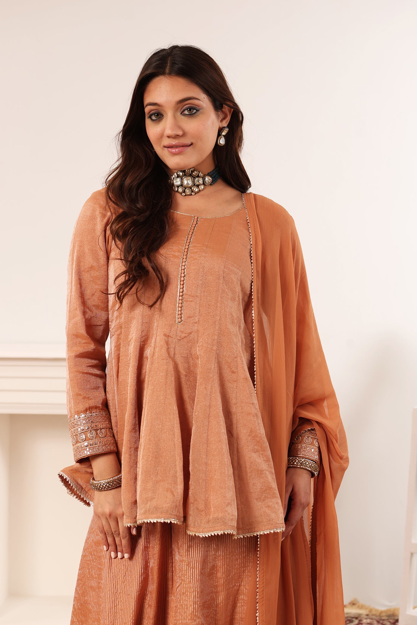 Dusty Dark-Brown Embroidered Peplum-Sytle Pure Silk-Cotton Tissue Short-Kurta-Sharara Set Paired With Chiffon Dupatta