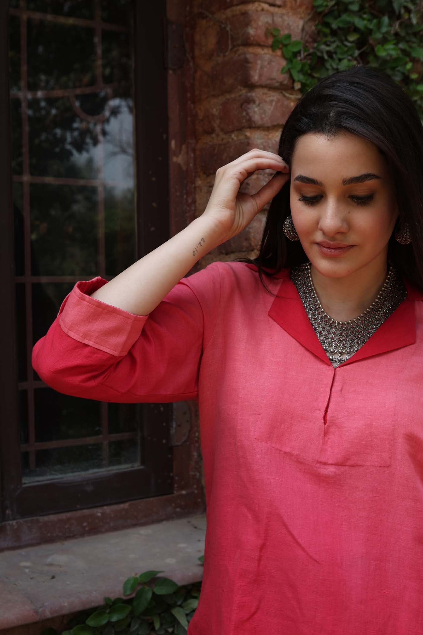 Pure Linen-Cotton Ombre-Dyed Coral-Red Collared Short Tunic With Upturned Cuffs