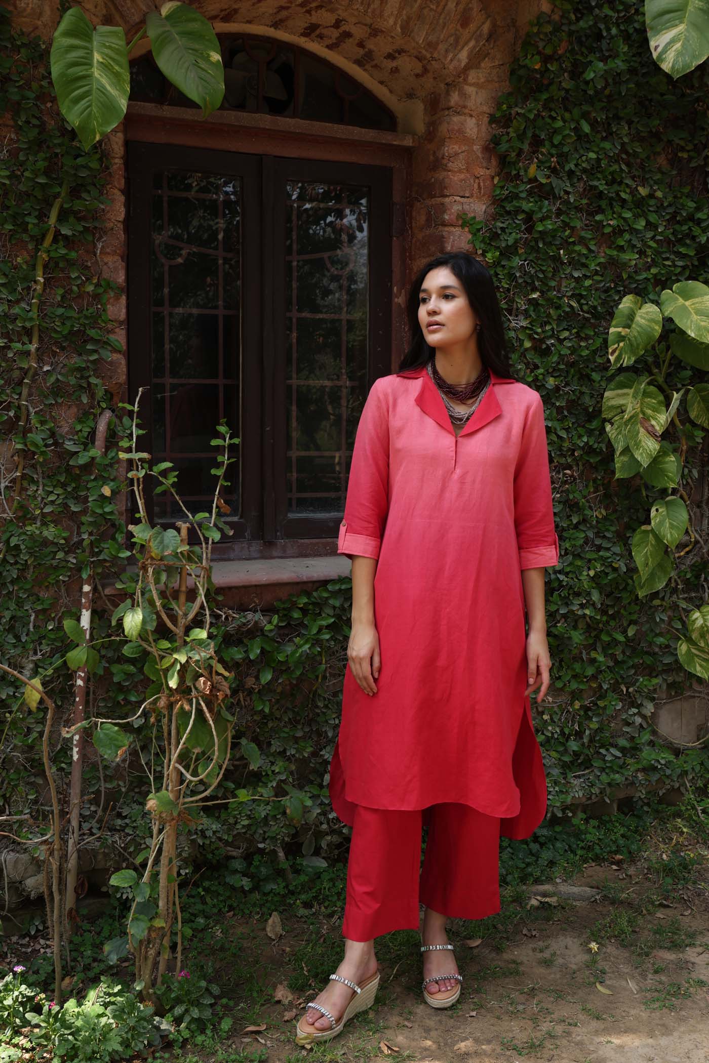 Coral-Pink Ombre Dyed Collared Pure Linen-Kurta-Pants Set