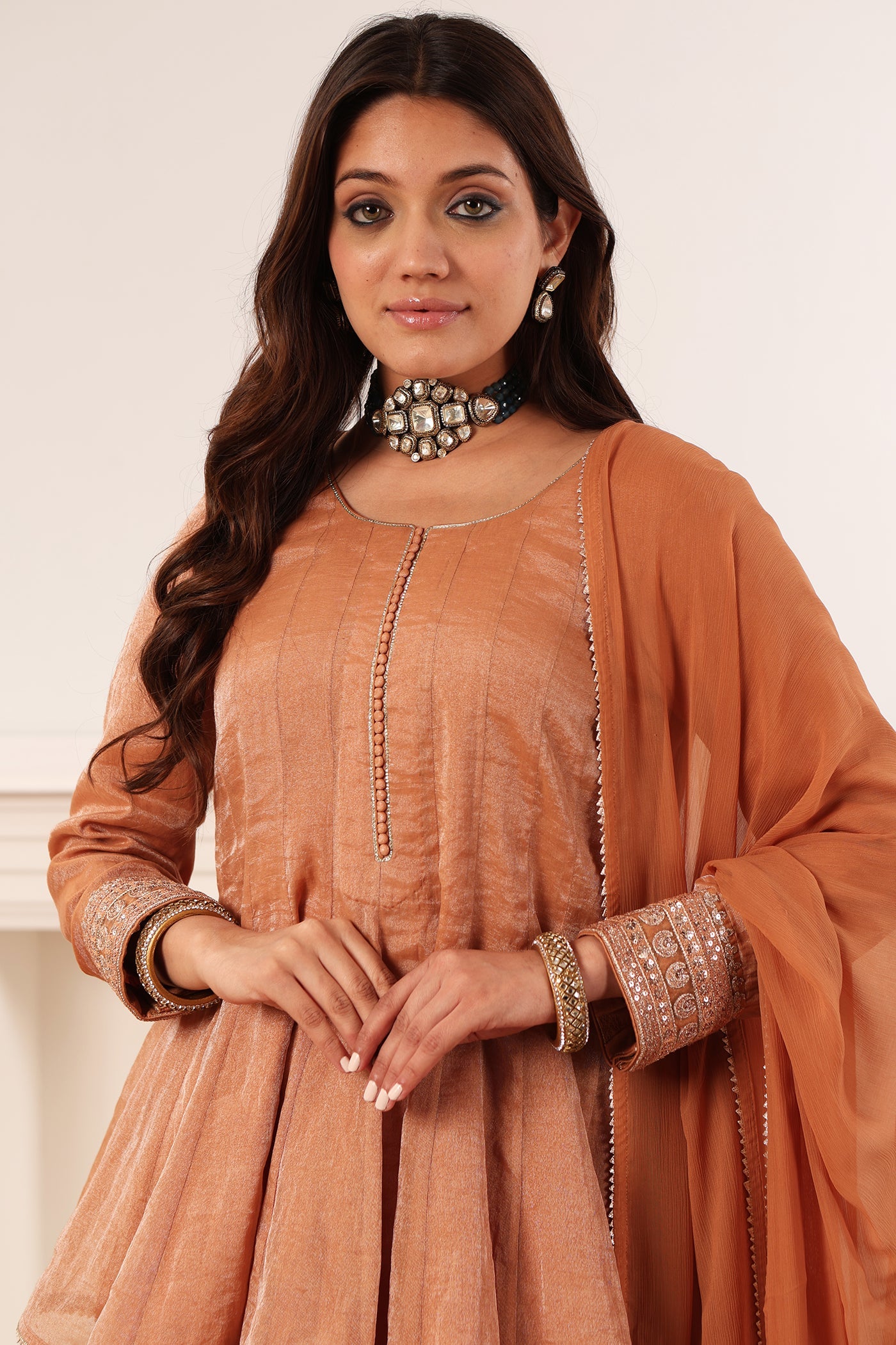 Dusty Dark-Brown Embroidered Peplum-Sytle Pure Silk-Cotton Tissue Short-Kurta-Sharara Set Paired With Chiffon Dupatta
