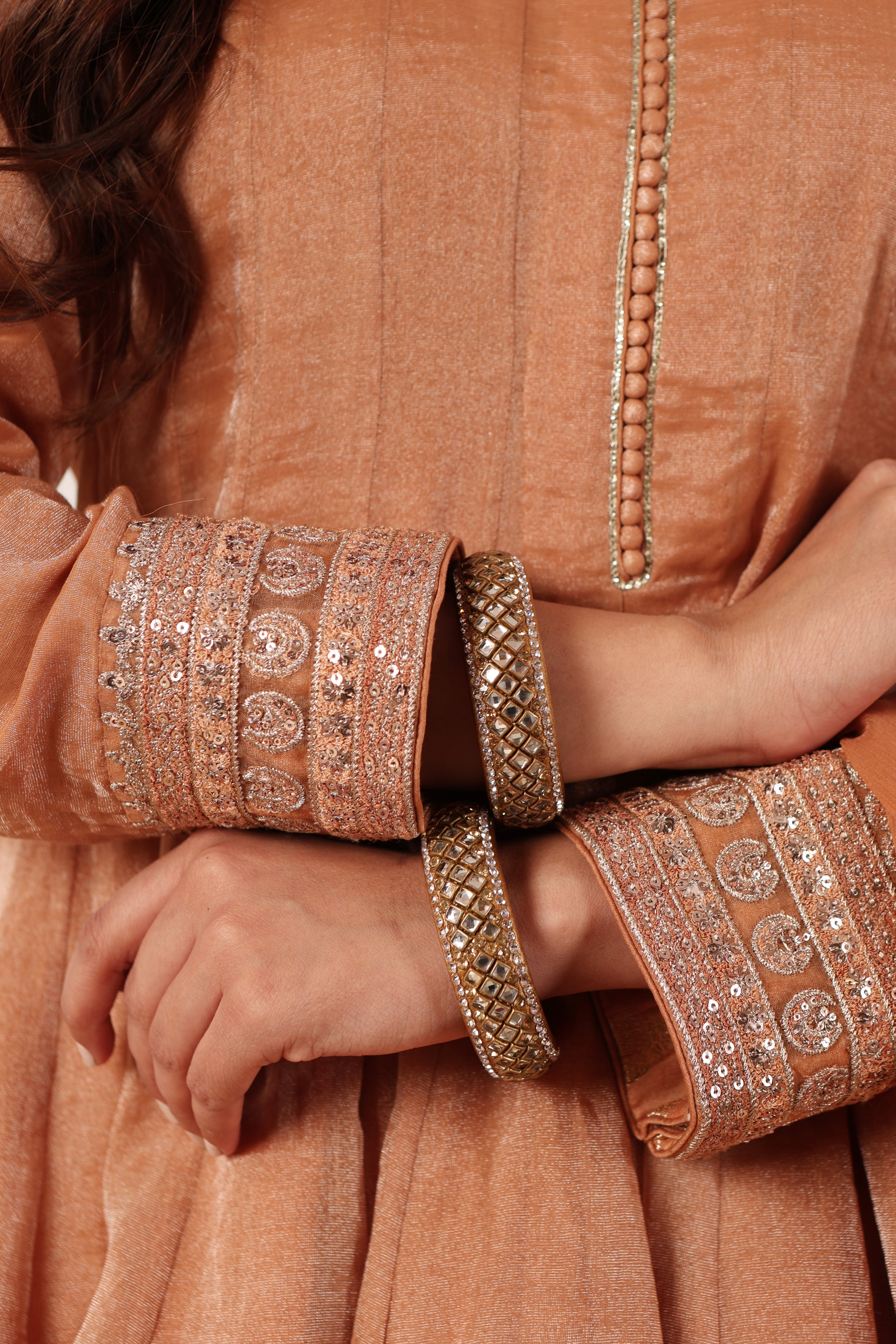 Dusty Dark-Brown Embroidered Peplum-Sytle Pure Silk-Cotton Tissue Short-Kurta-Sharara Set Paired With Chiffon Dupatta