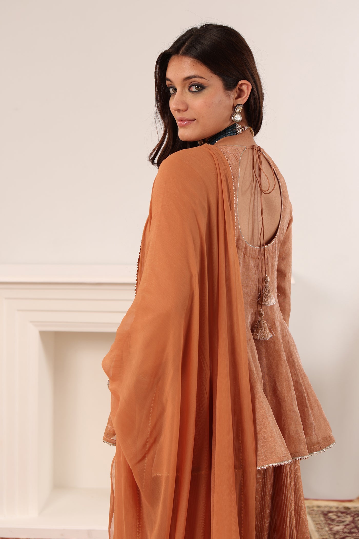 Dusty Dark-Brown Embroidered Peplum-Sytle Pure Silk-Cotton Tissue Short-Kurta-Sharara Set Paired With Chiffon Dupatta
