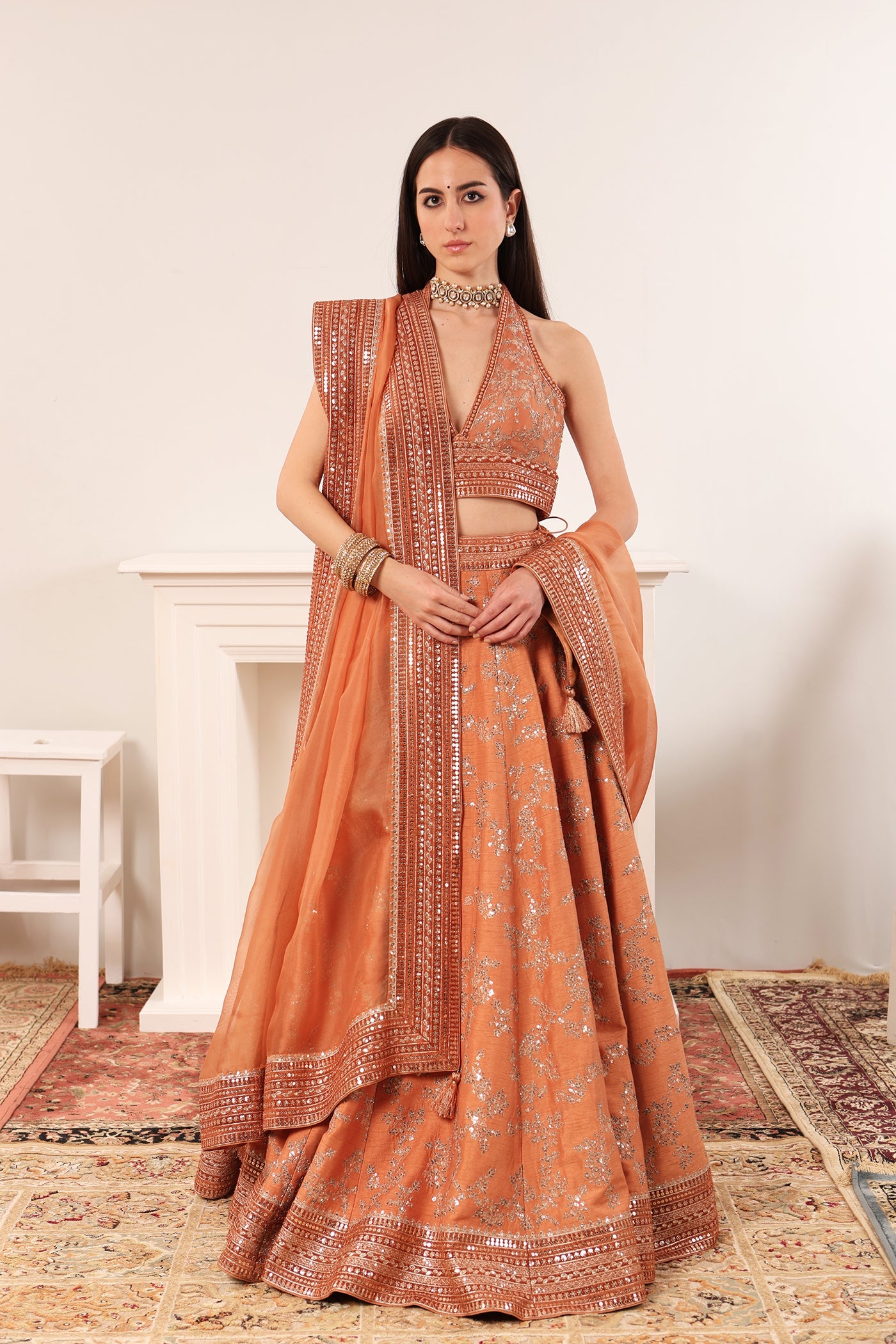 Priya Banerjee in Dusty-Peach Embroidered Raw-Silk Lehenga-Set With Pure Crepe-Silk Blouse &  Pure Silk-Organza Dupatta