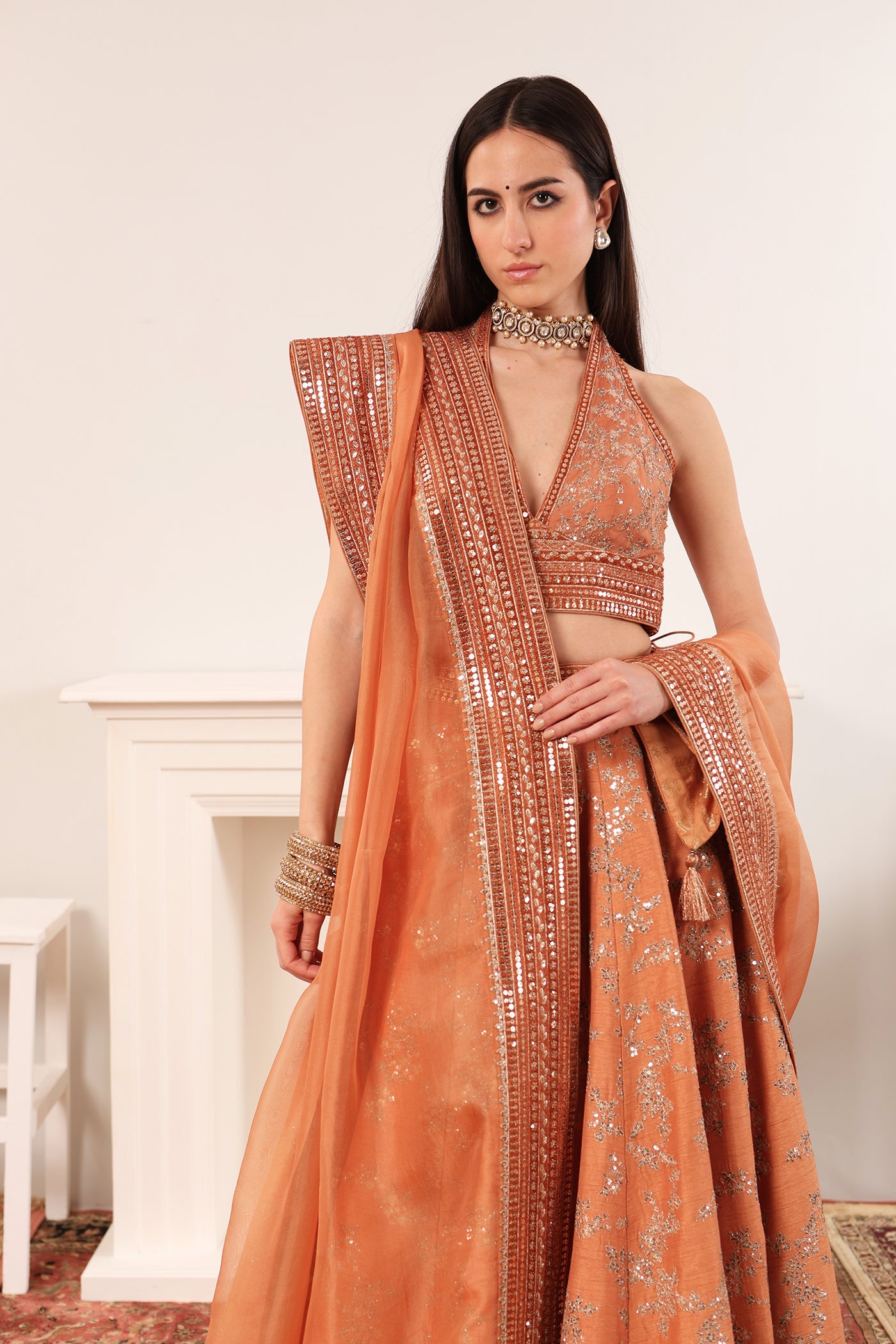 Priya Banerjee in Dusty-Peach Embroidered Raw-Silk Lehenga-Set With Pure Crepe-Silk Blouse &  Pure Silk-Organza Dupatta