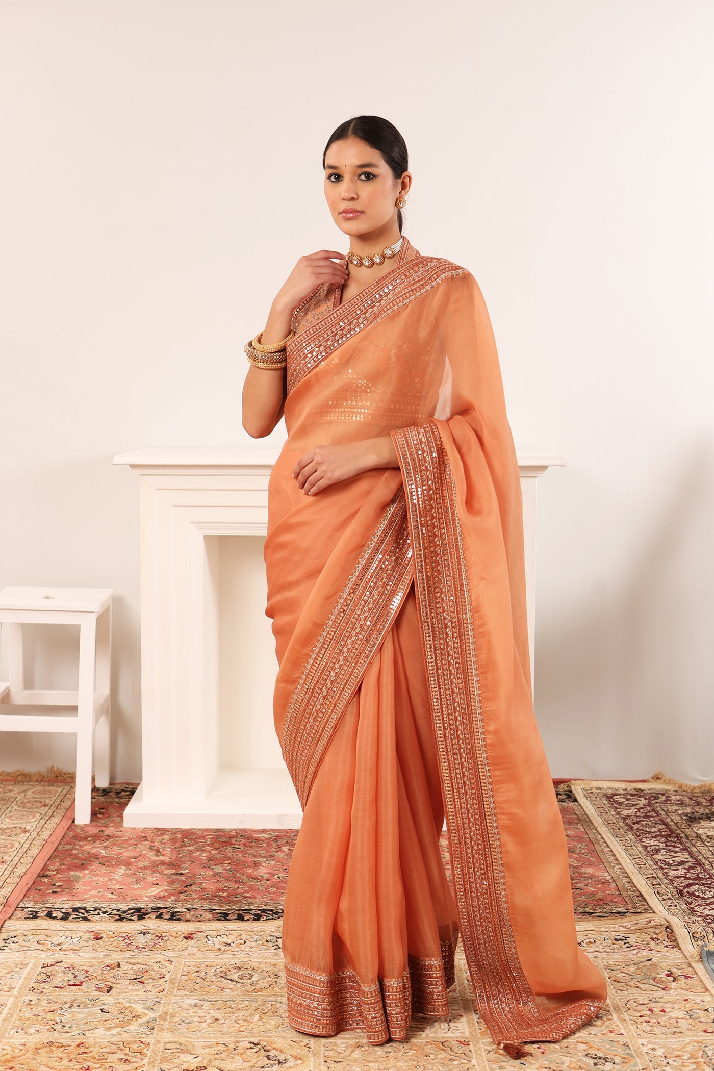 Dusty-Peach Embroidered Pure Silk- Organza Saree-Blouse Set