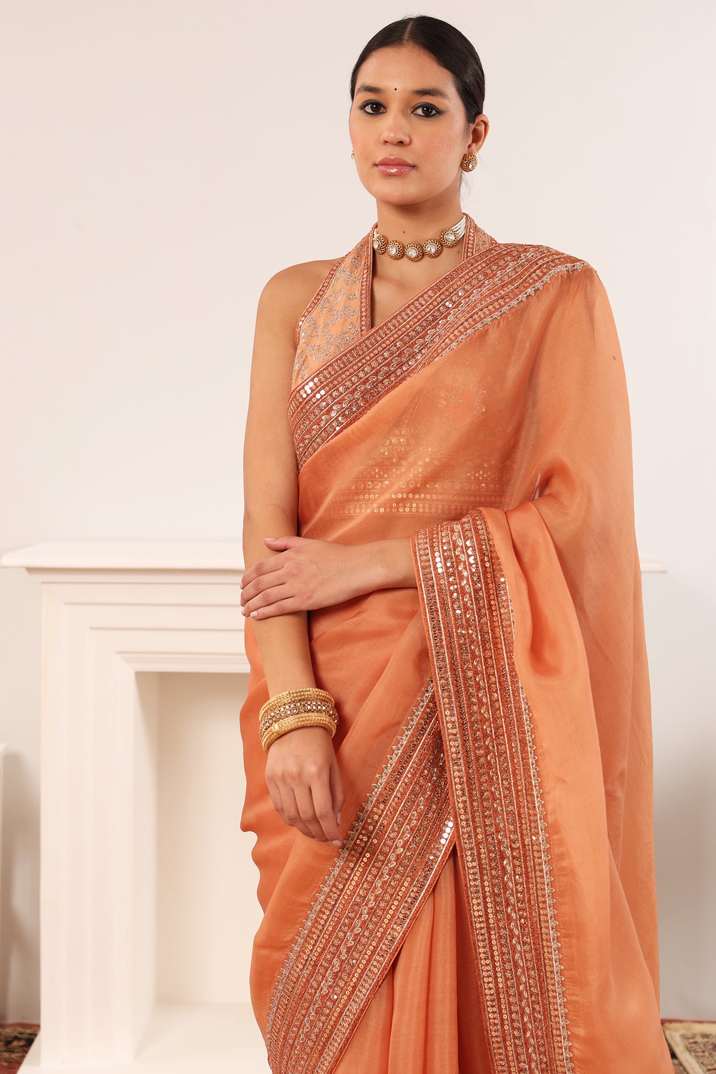 Dusty-Peach Embroidered Pure Silk- Organza Saree-Blouse Set