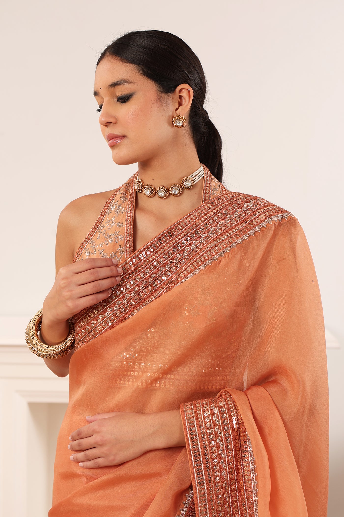 Dusty-Peach Embroidered Pure Silk- Organza Saree-Blouse Set