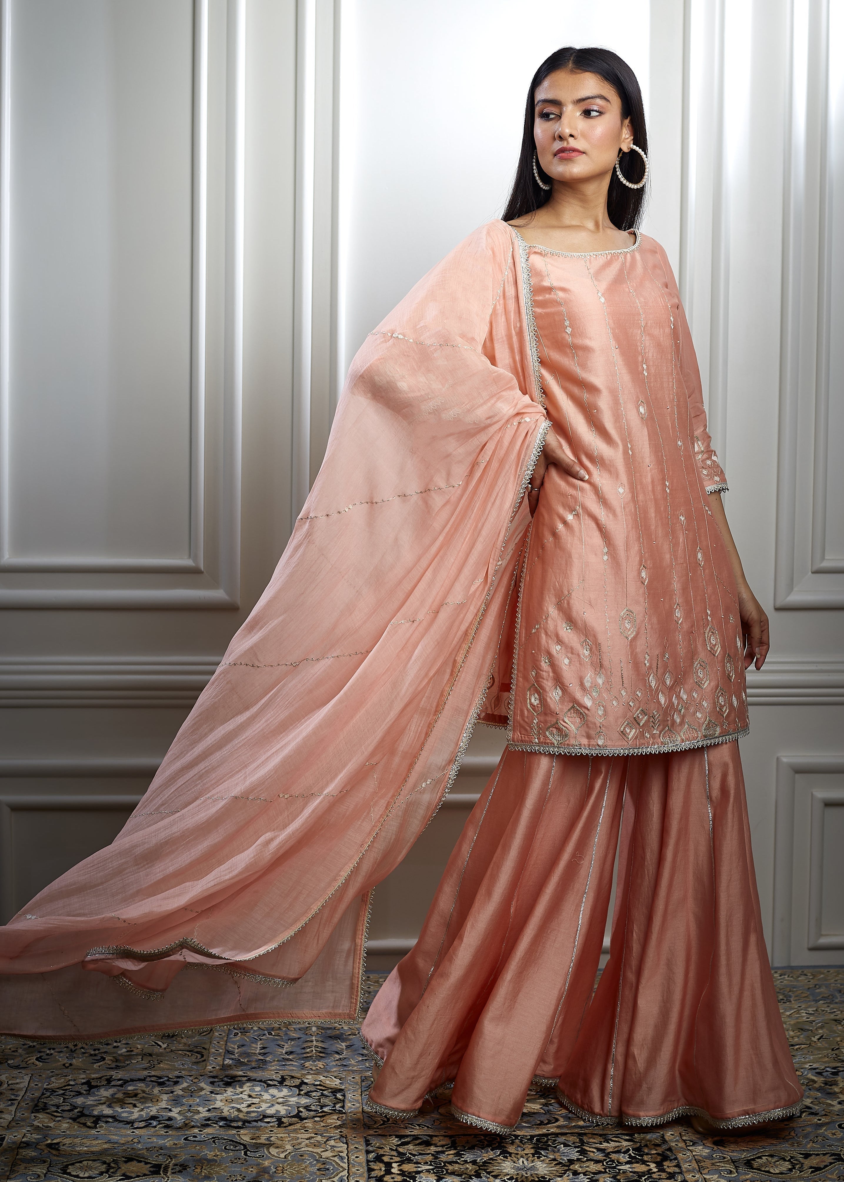 Peach Embellished Kurta Sharara Set