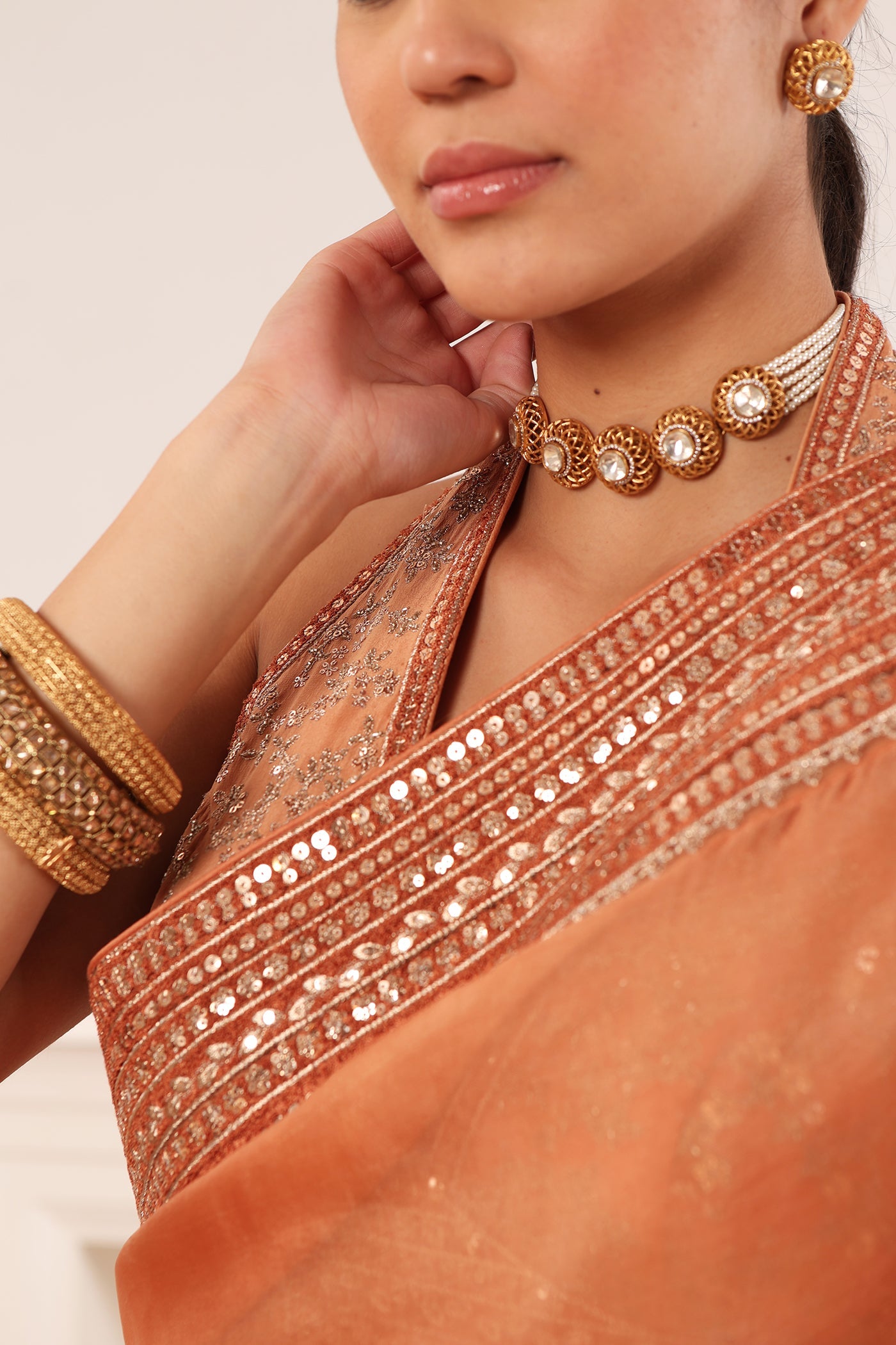 Dusty-Peach Embroidered Pure Silk- Organza Saree-Blouse Set