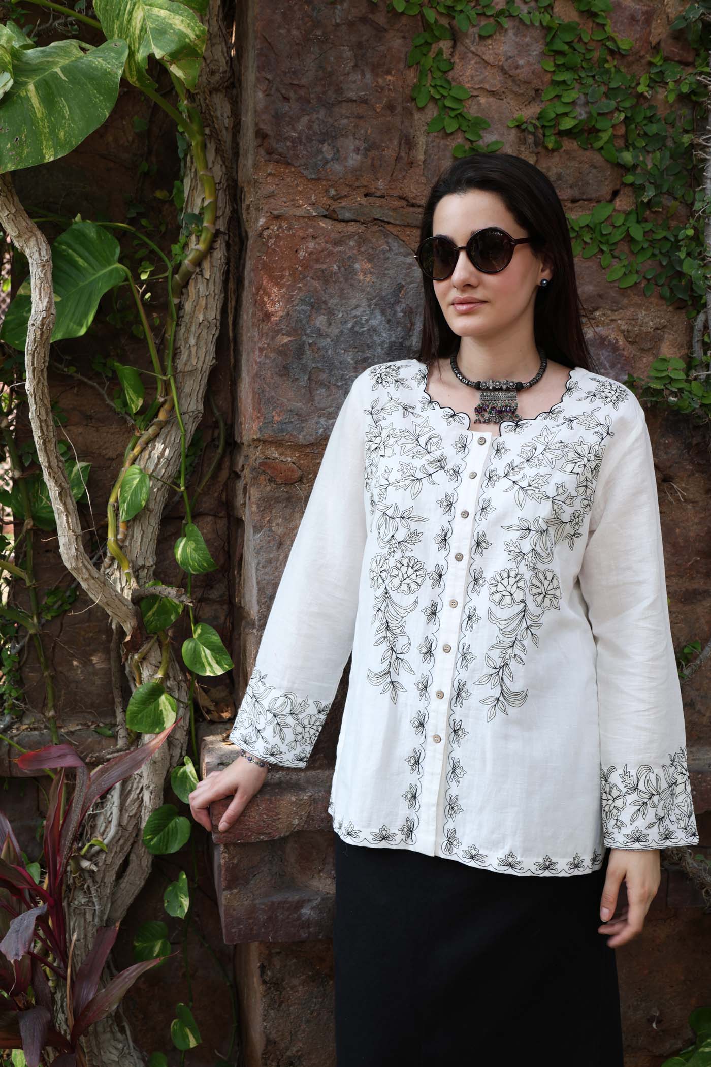 Ivory Embroidered (Applique & Cutwork) Handloom Pure Linen-Cotton Front-Open Short Blouse