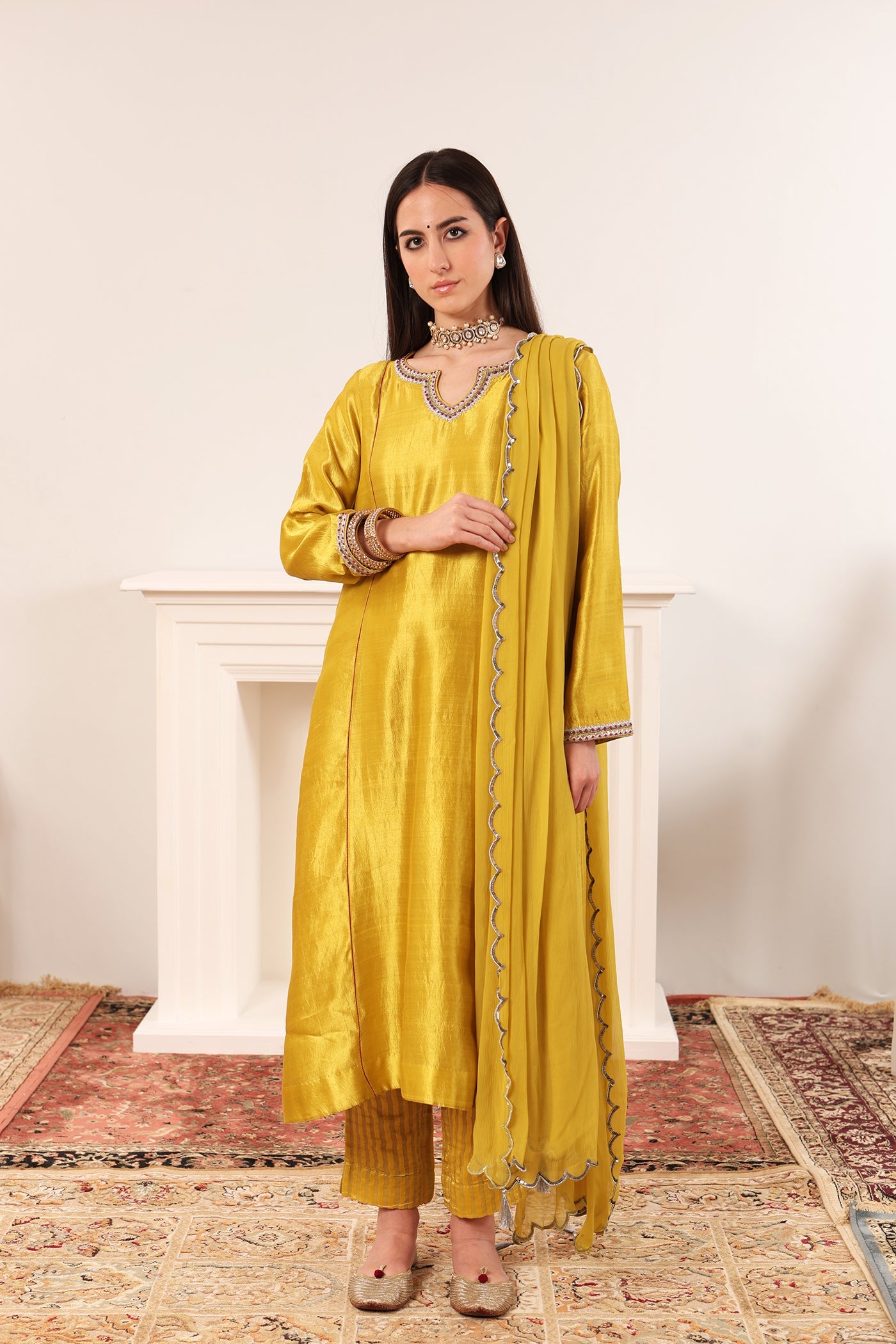 Dusty-Lime Hand-Embroidered Handloom Pure Silk Kurta-Pants Set