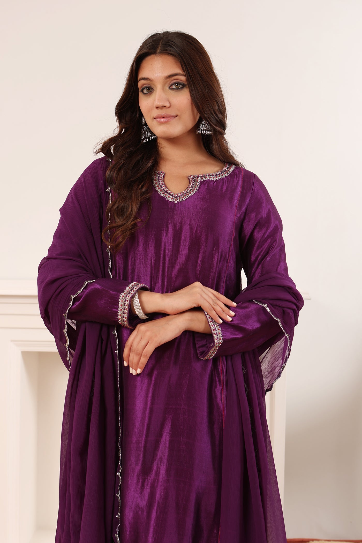 Aubergine Hand-Embroidered Handloom Pure Silk Kurta-Pants Set