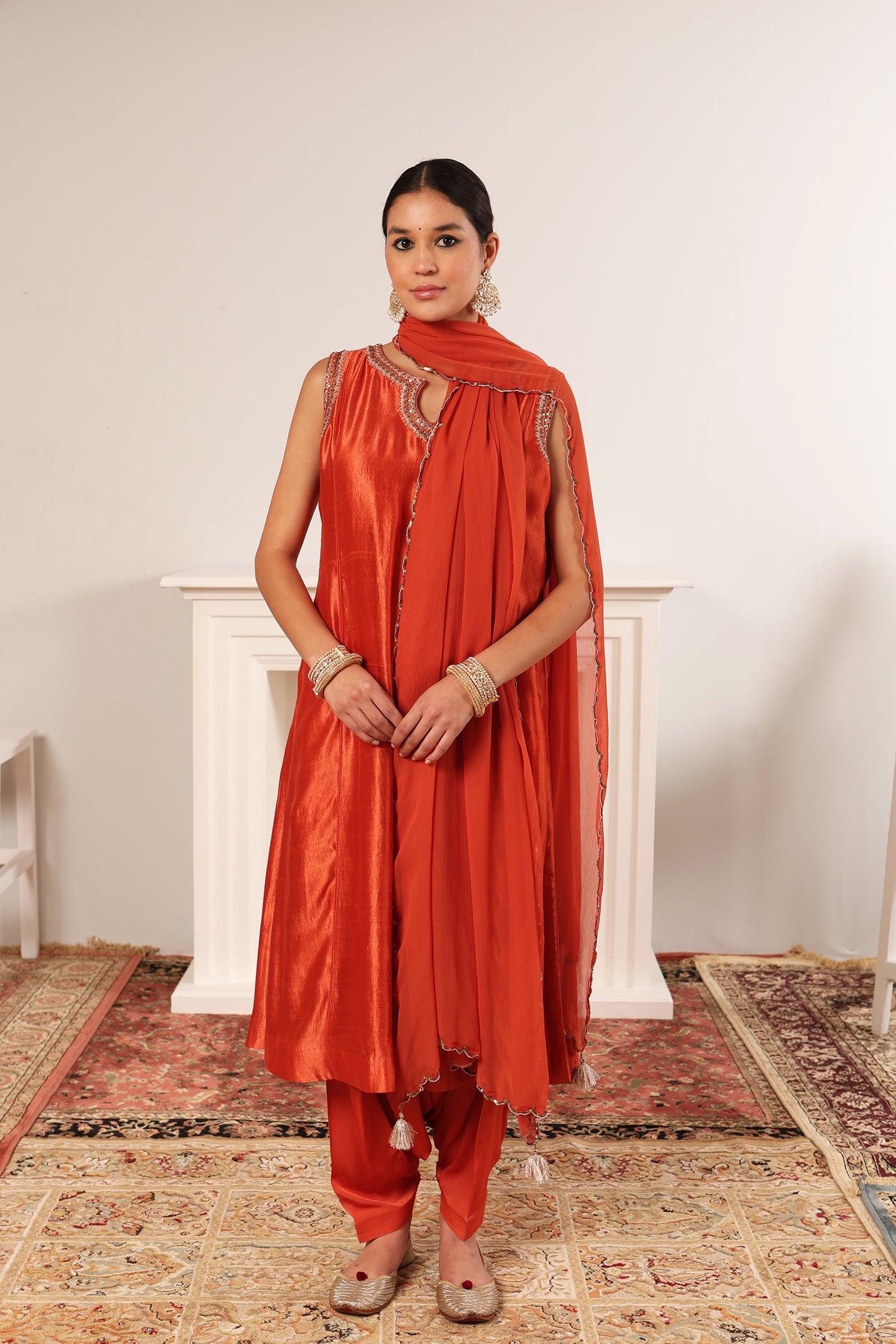 Burnt-Peach Hand-Embroidered Handloom Pure Silk Sleeveless Kurta-Salwar Set