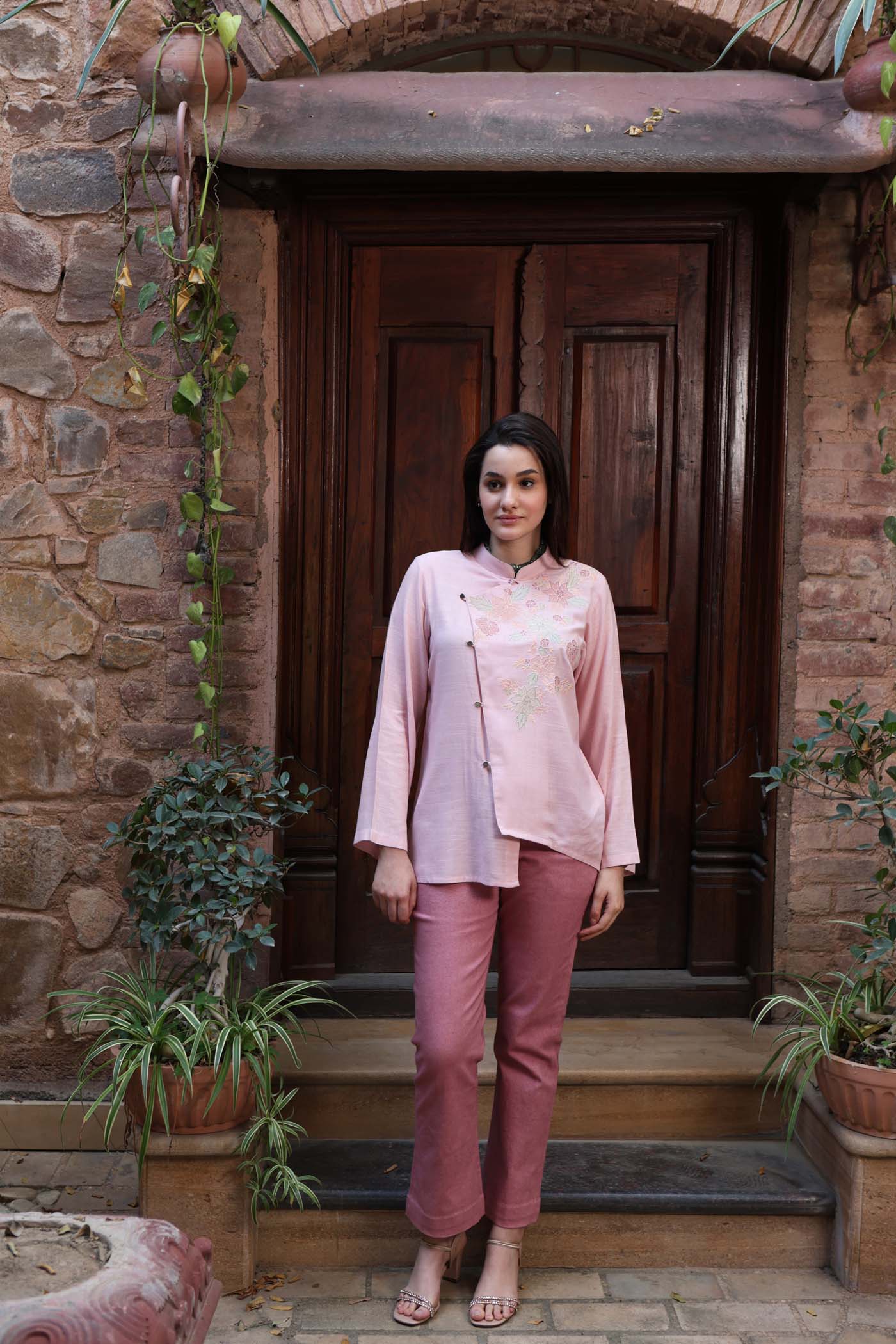 Light-Pink Embroidered (Applique & Cutwork) Pure Cotton Band-Collared Short-Blouse With An Asymmetrical Front Opening