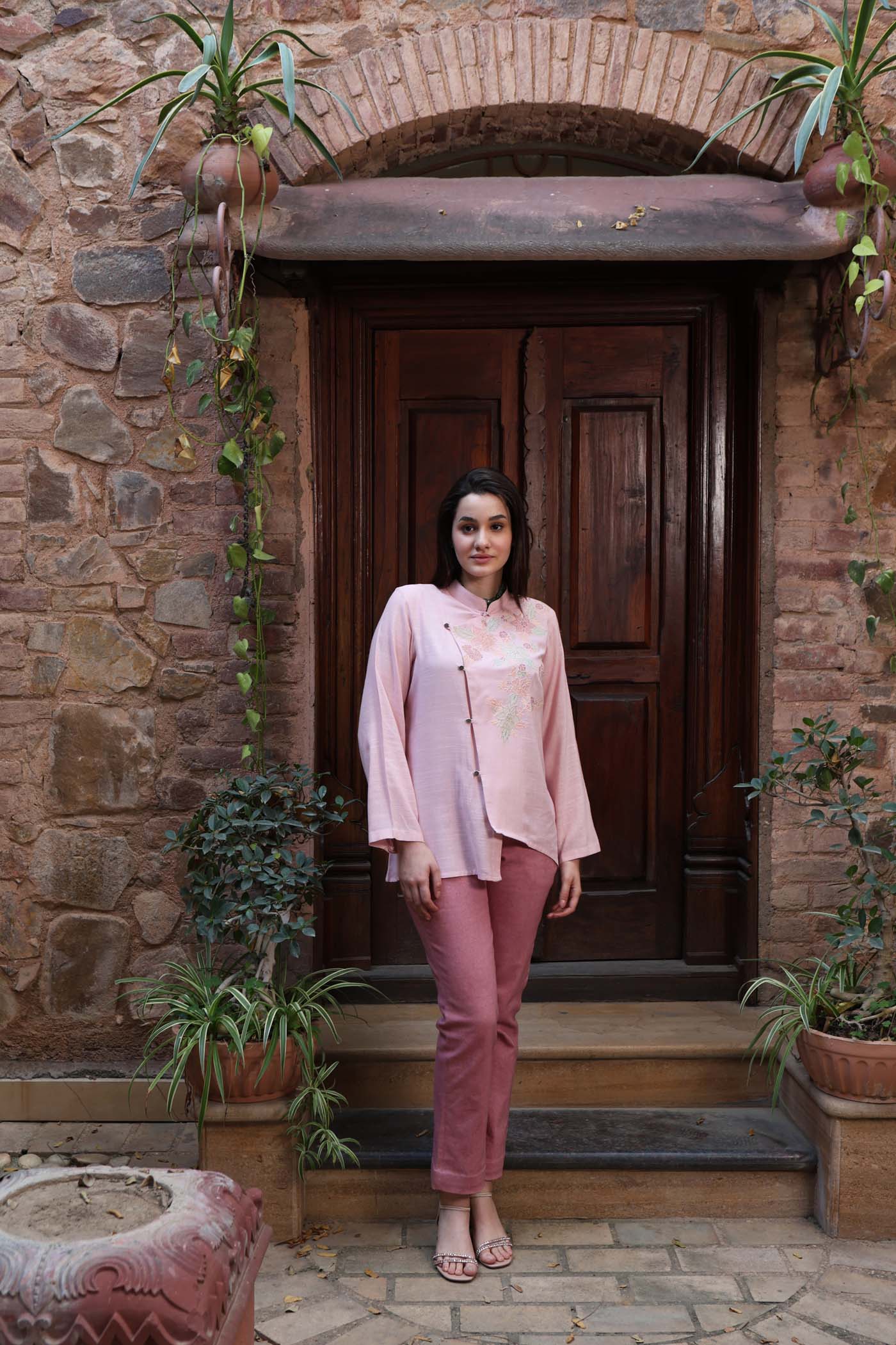 Light-Pink Embroidered (Applique & Cutwork) Pure Cotton Band-Collared Short-Blouse With An Asymmetrical Front Opening