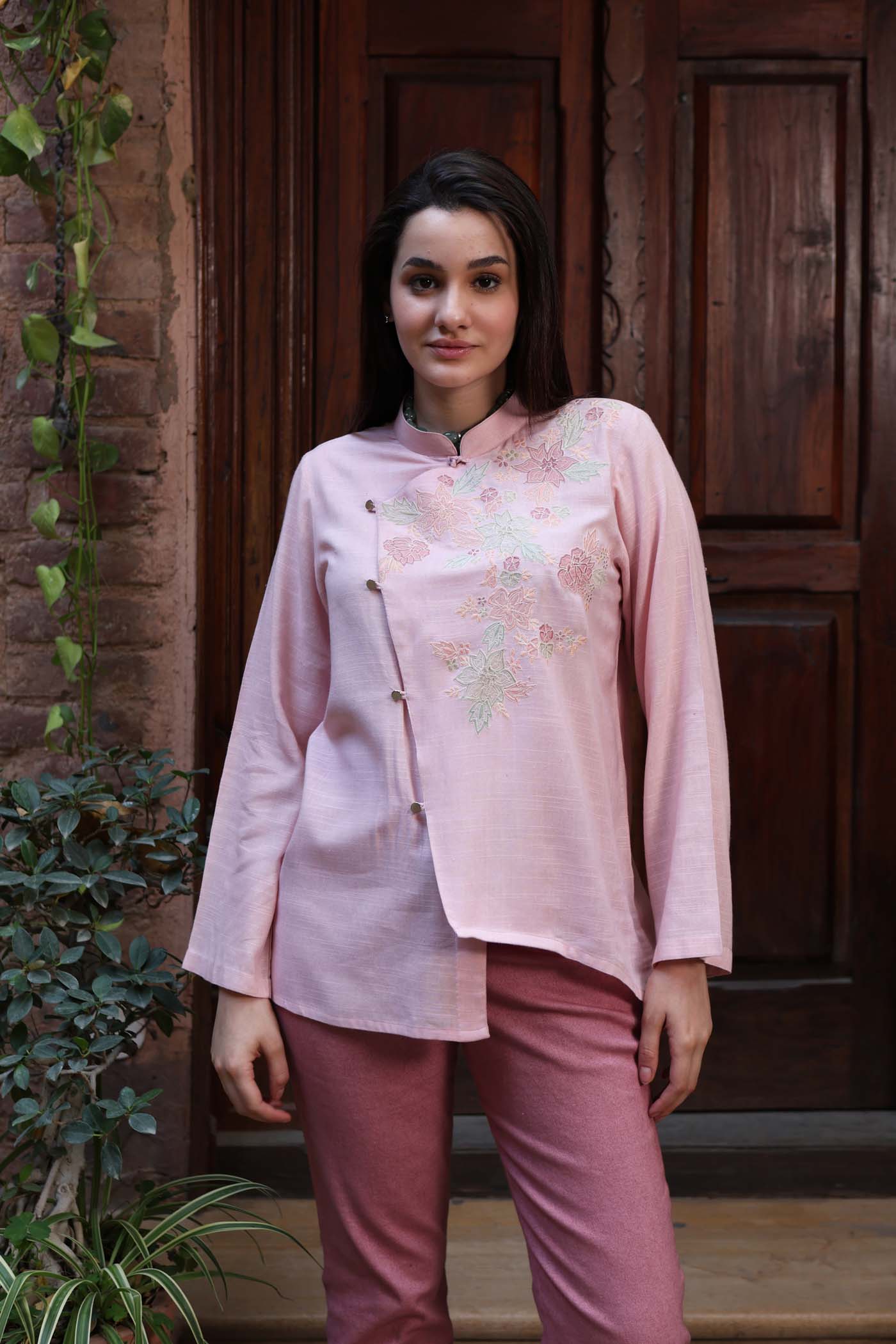 Light-Pink Embroidered (Applique & Cutwork) Pure Cotton Band-Collared Short-Blouse With An Asymmetrical Front Opening