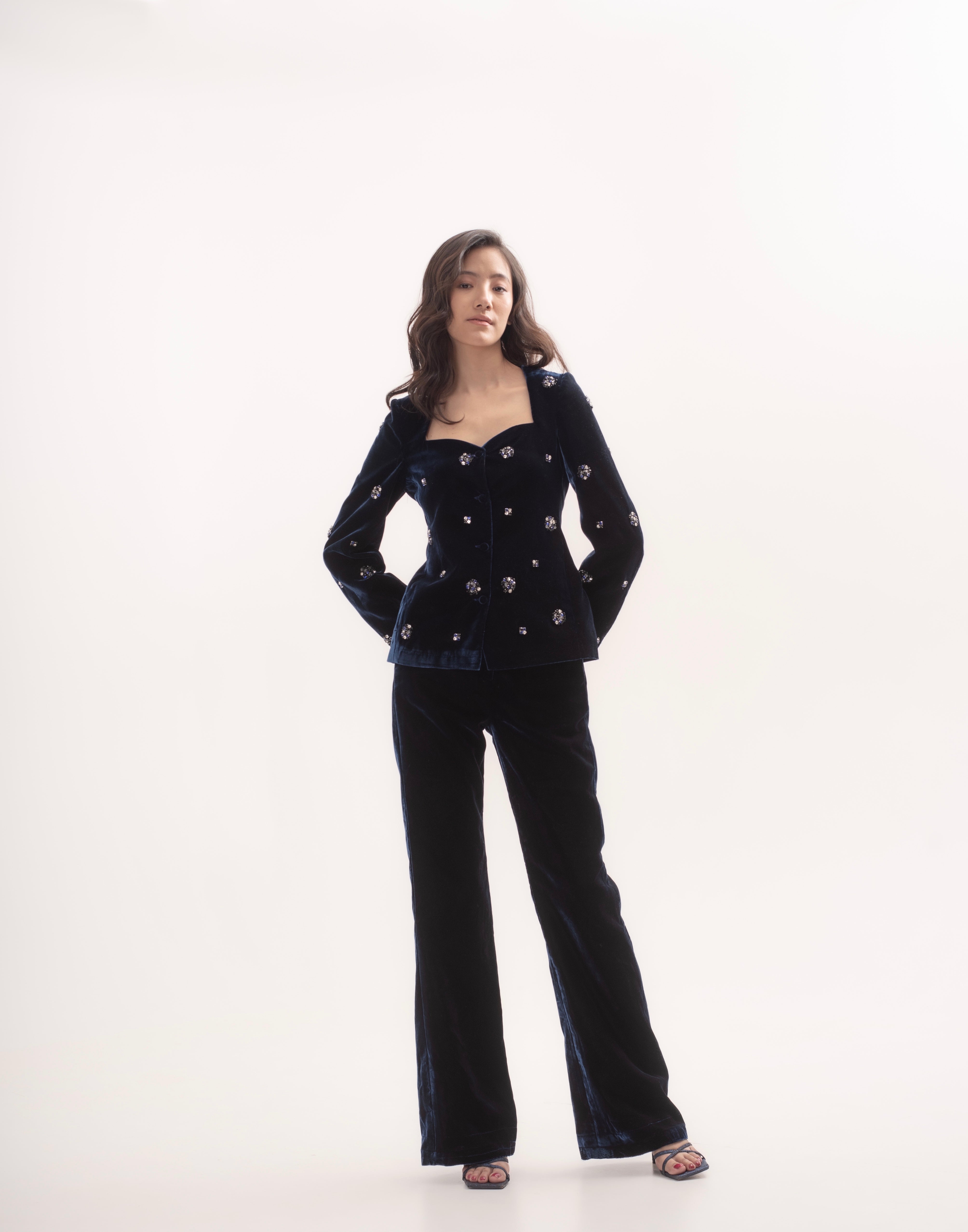 Silk-velvet sweetheart neckline blazer with embellishments