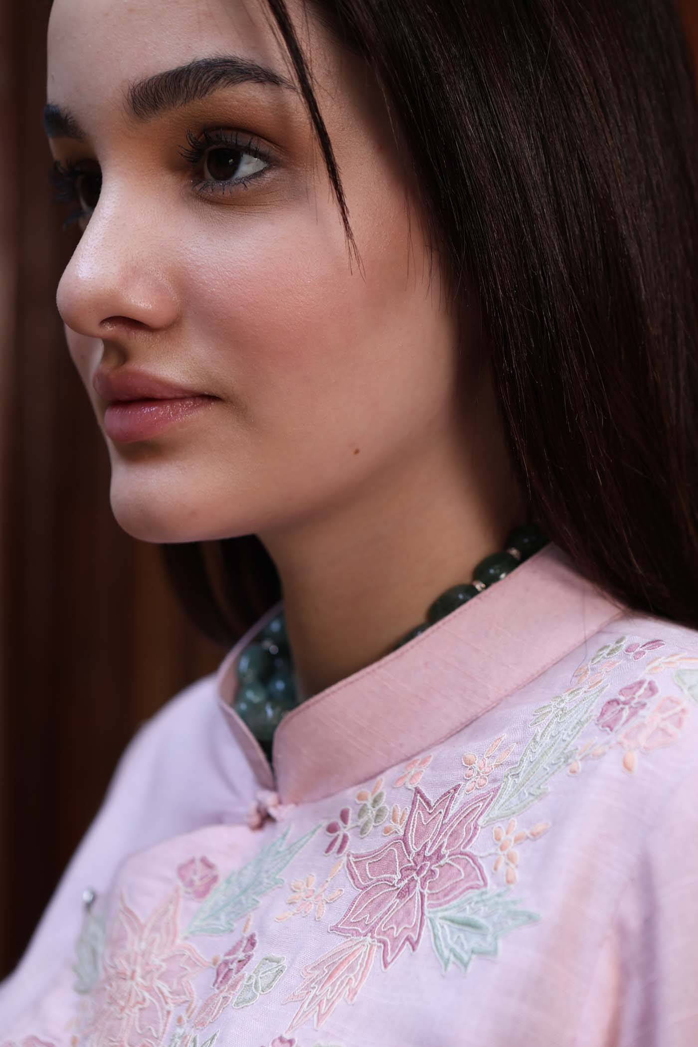 Light-Pink Embroidered (Applique & Cutwork) Pure Cotton Band-Collared Short-Blouse With An Asymmetrical Front Opening