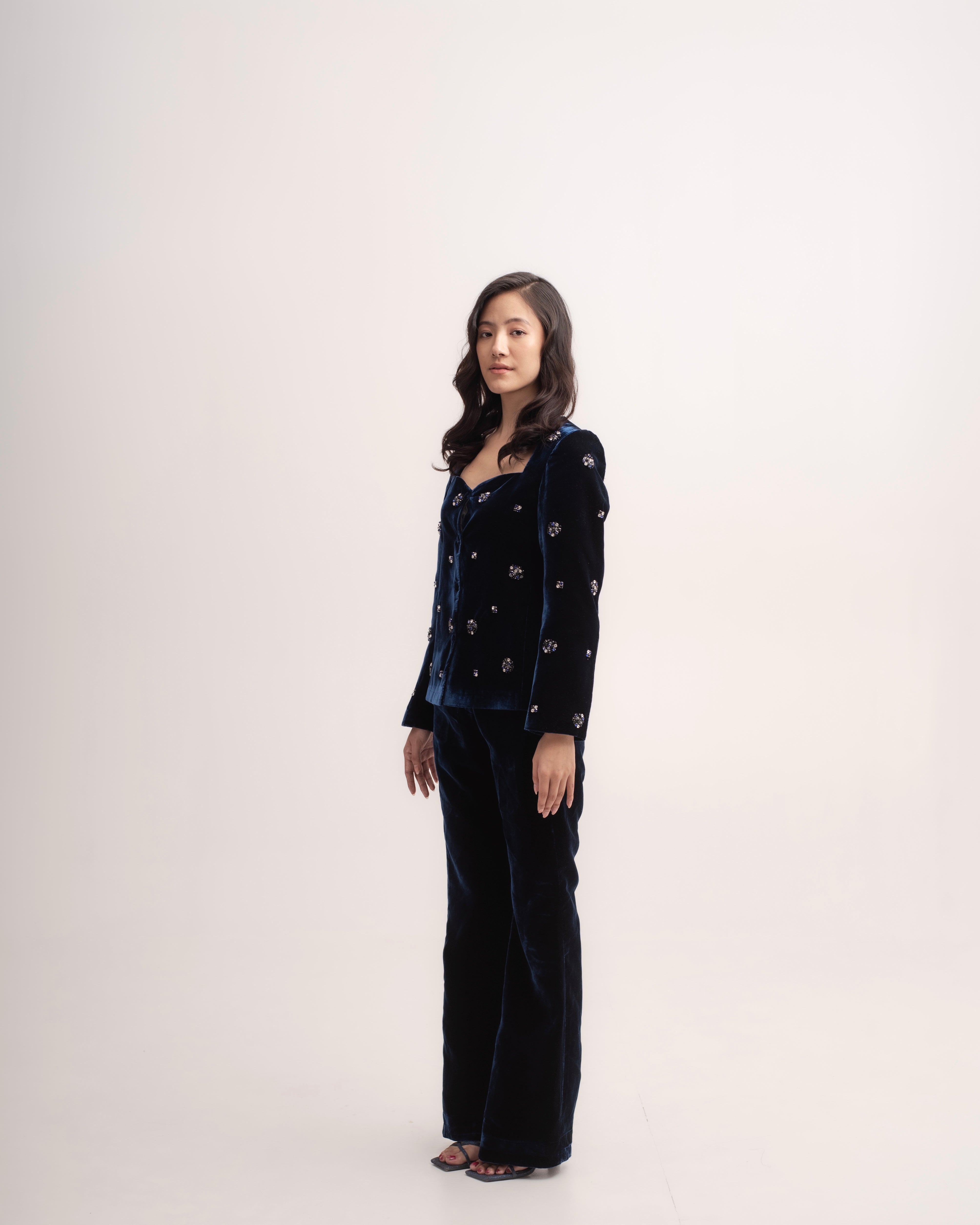 Silk-velvet sweetheart neckline blazer with embellishments