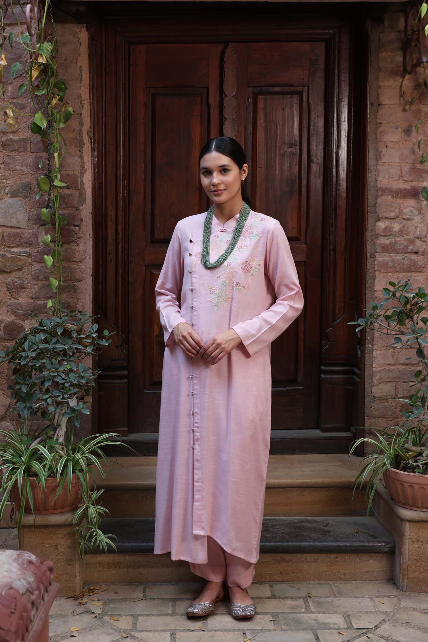 Baby-Pink Embroidered (Applique & Cuwork) Pure Cotton-Slub Kurta-Pants Set