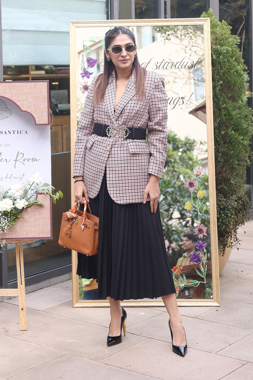 Pink Tweed Long Jacket with Pleated Silk Crepe Skirt Co-ord