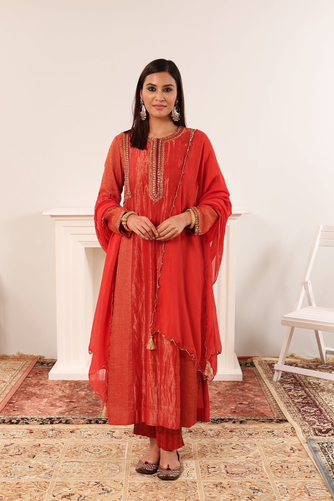 Red-Orange Hand-Embroidered Handloom Pure Cotton-Silk (Stripes & Checks) Kurta-Pants Set