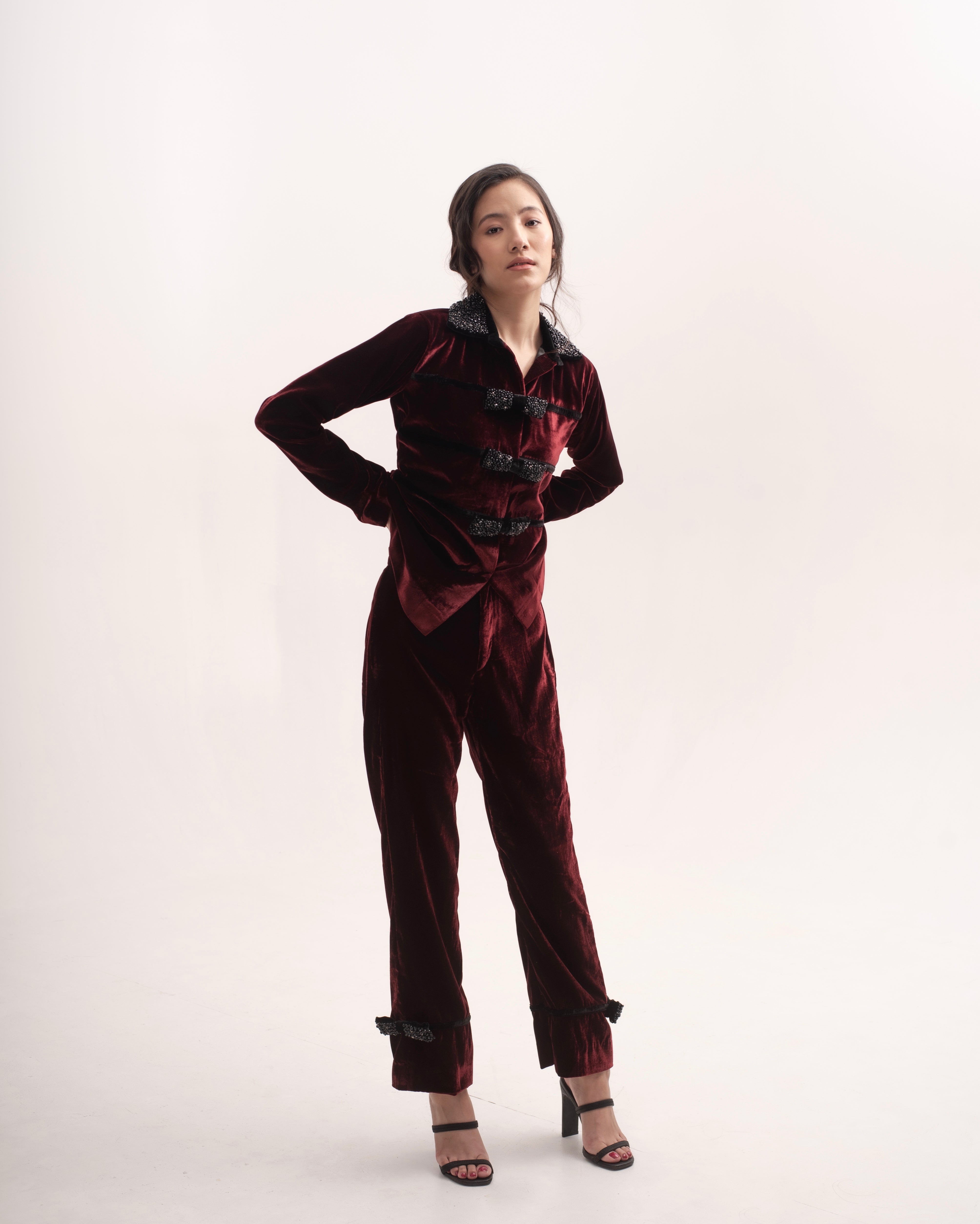 Silk-velvet high-waisted trousers with embellished bows