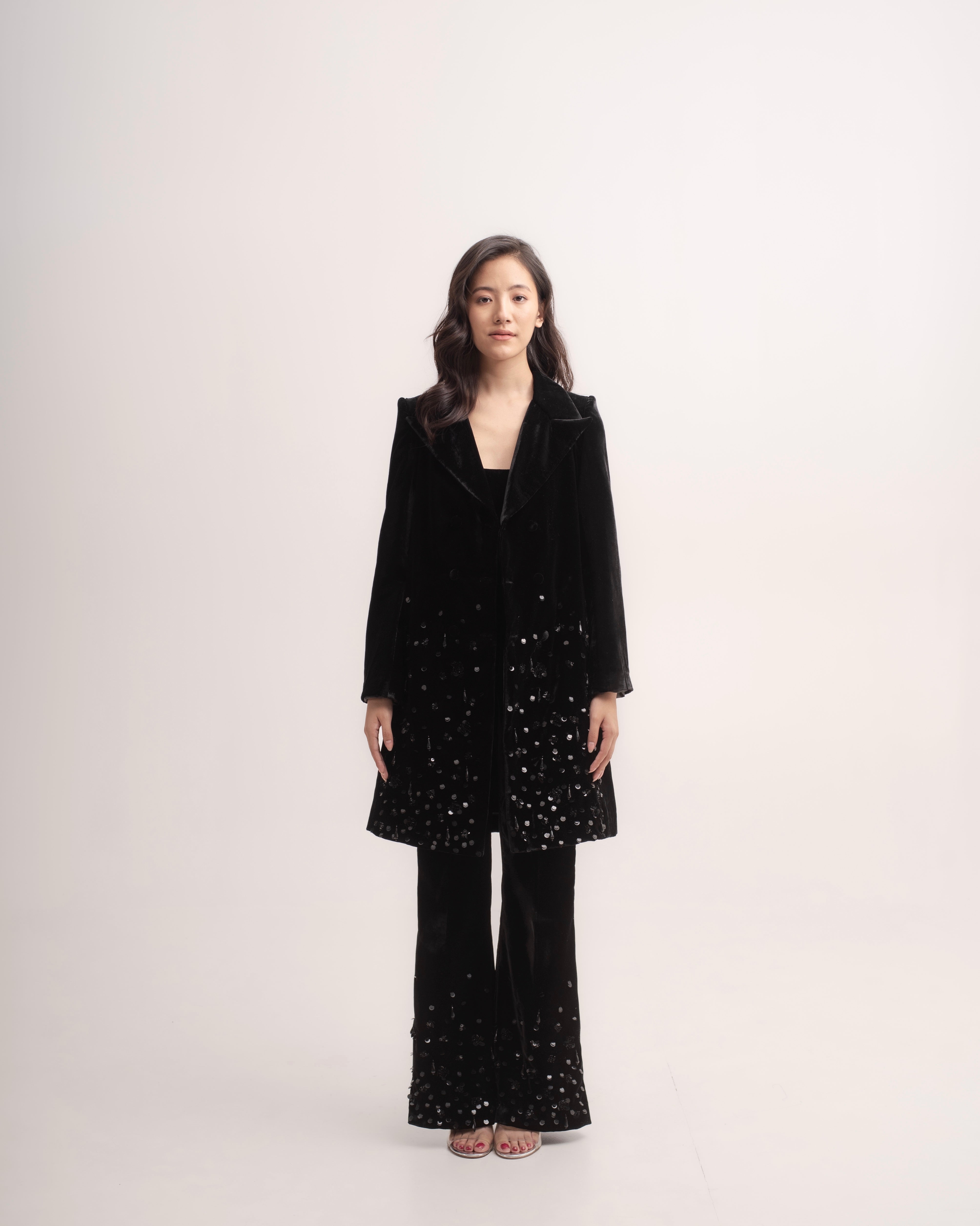 Silk-velvet midi trench coat with sequin embellishing