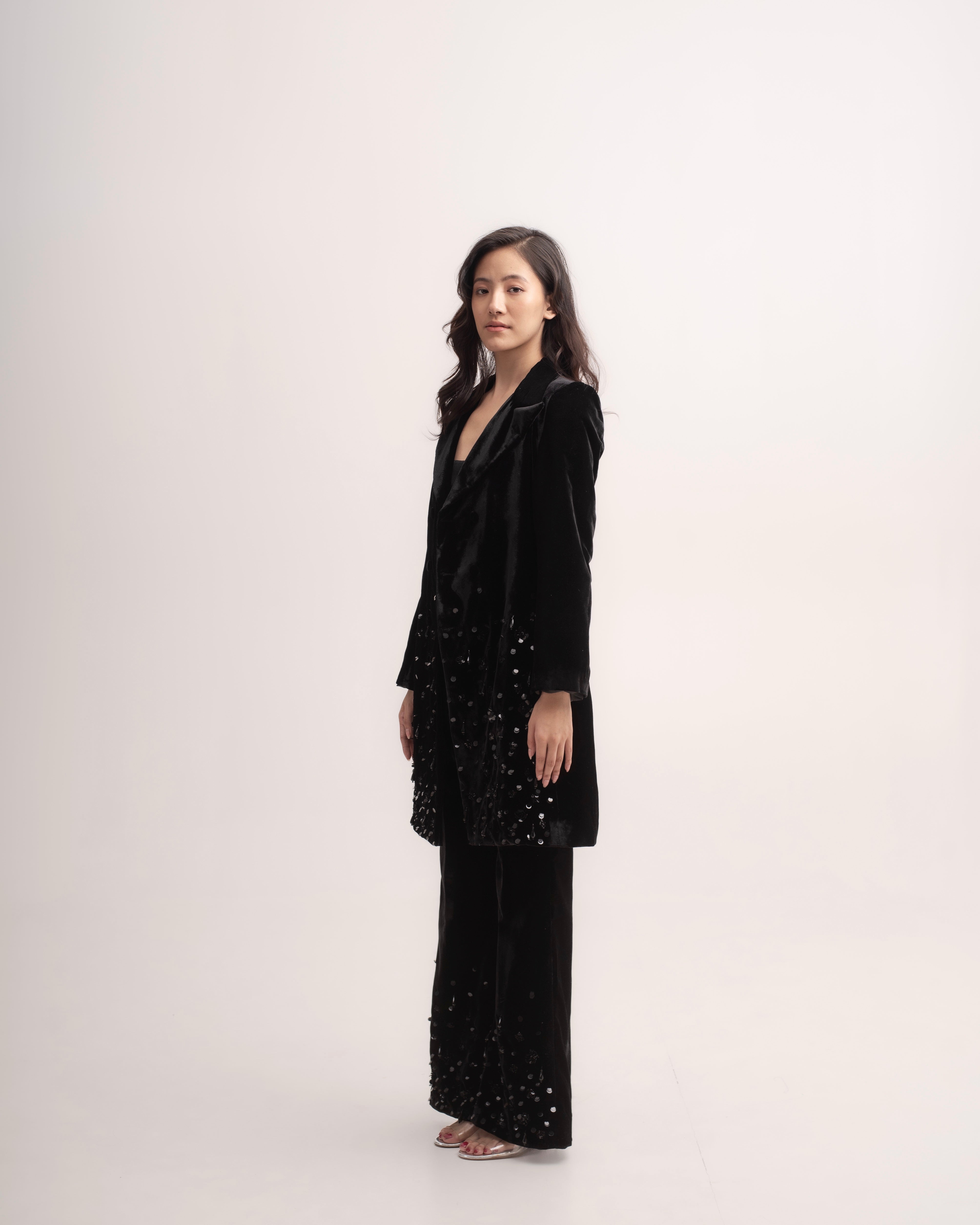 Silk-velvet midi trench coat with sequin embellishing