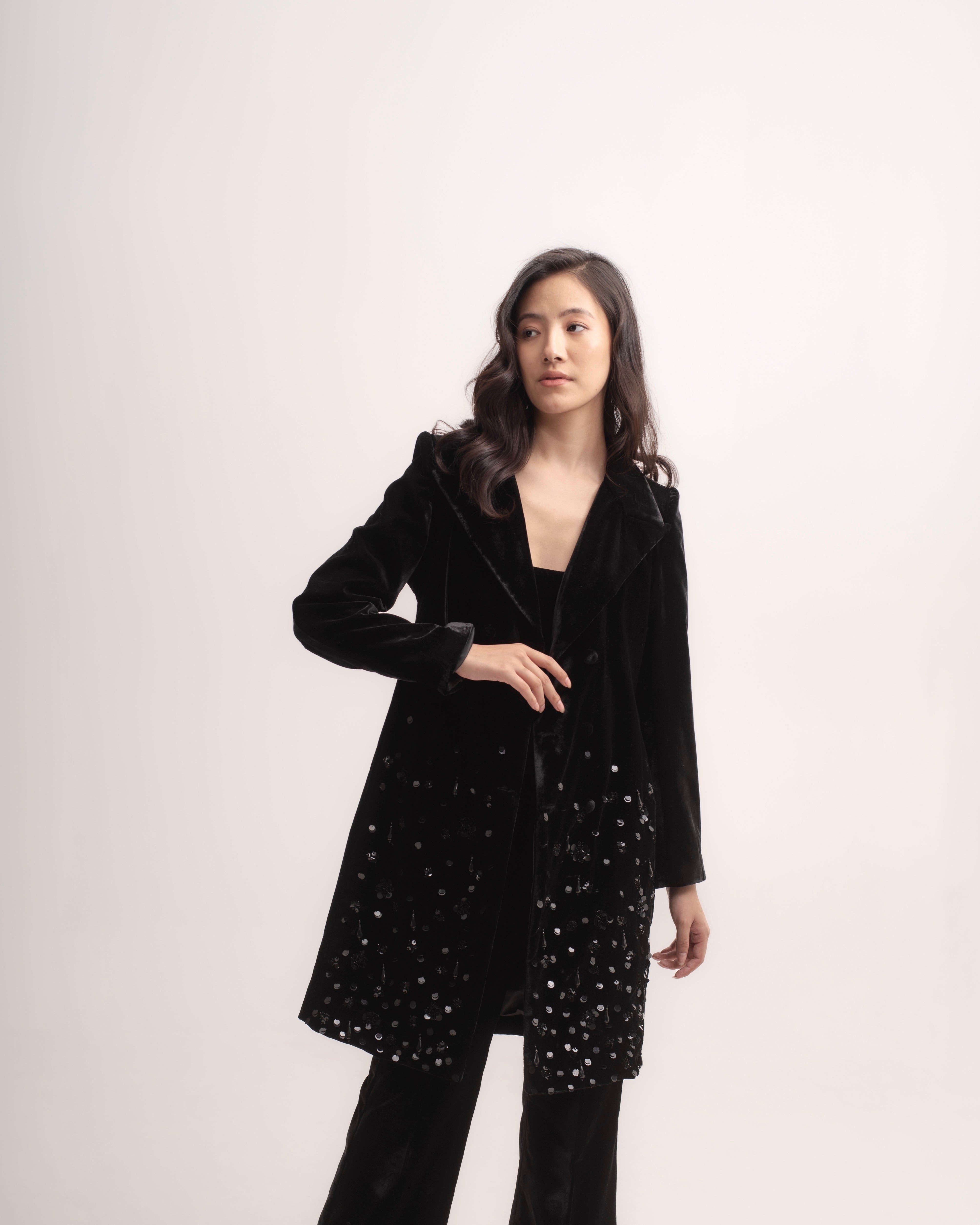 Silk-velvet midi trench coat with sequin embellishing