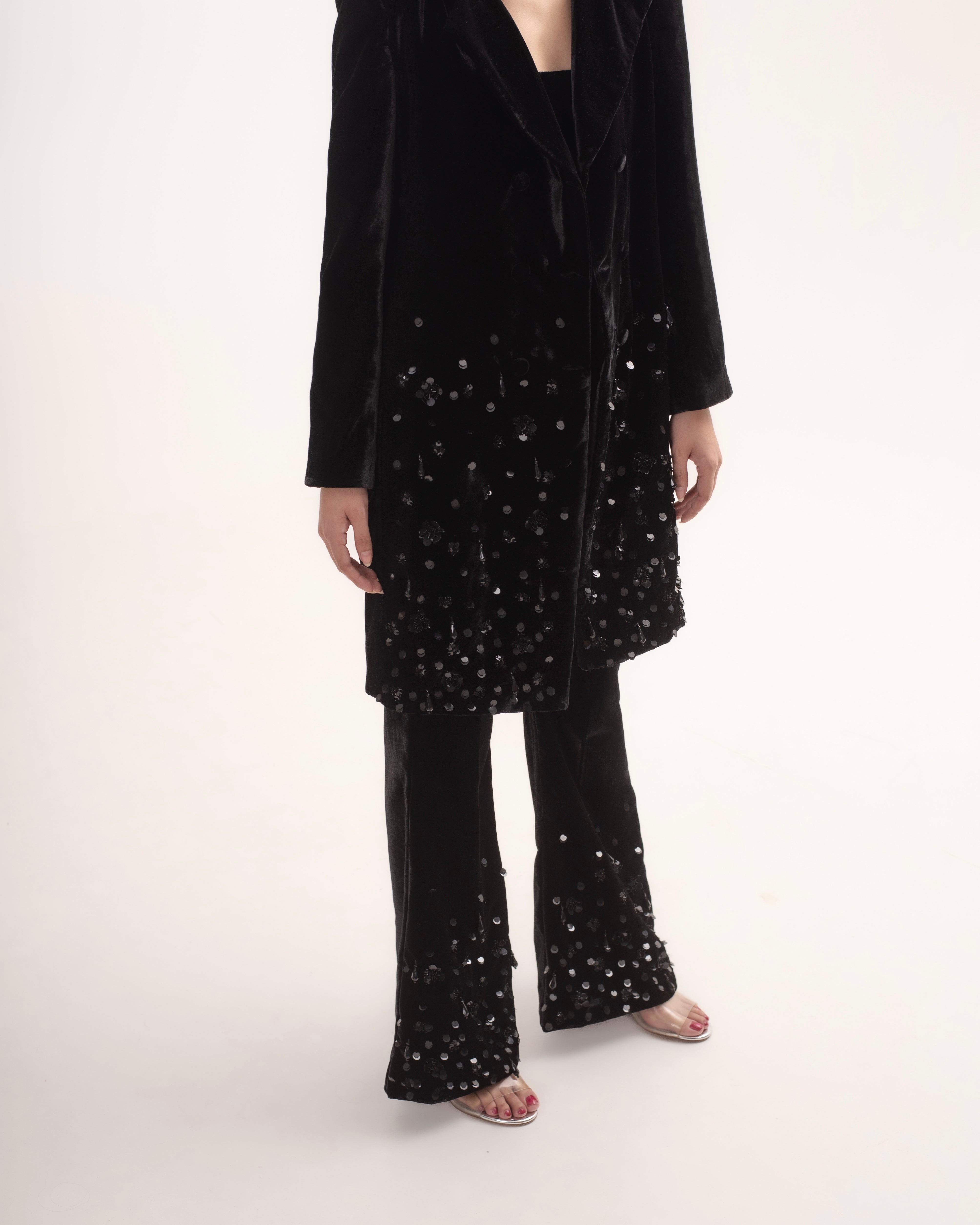 Silk-velvet midi trench coat with sequin embellishing