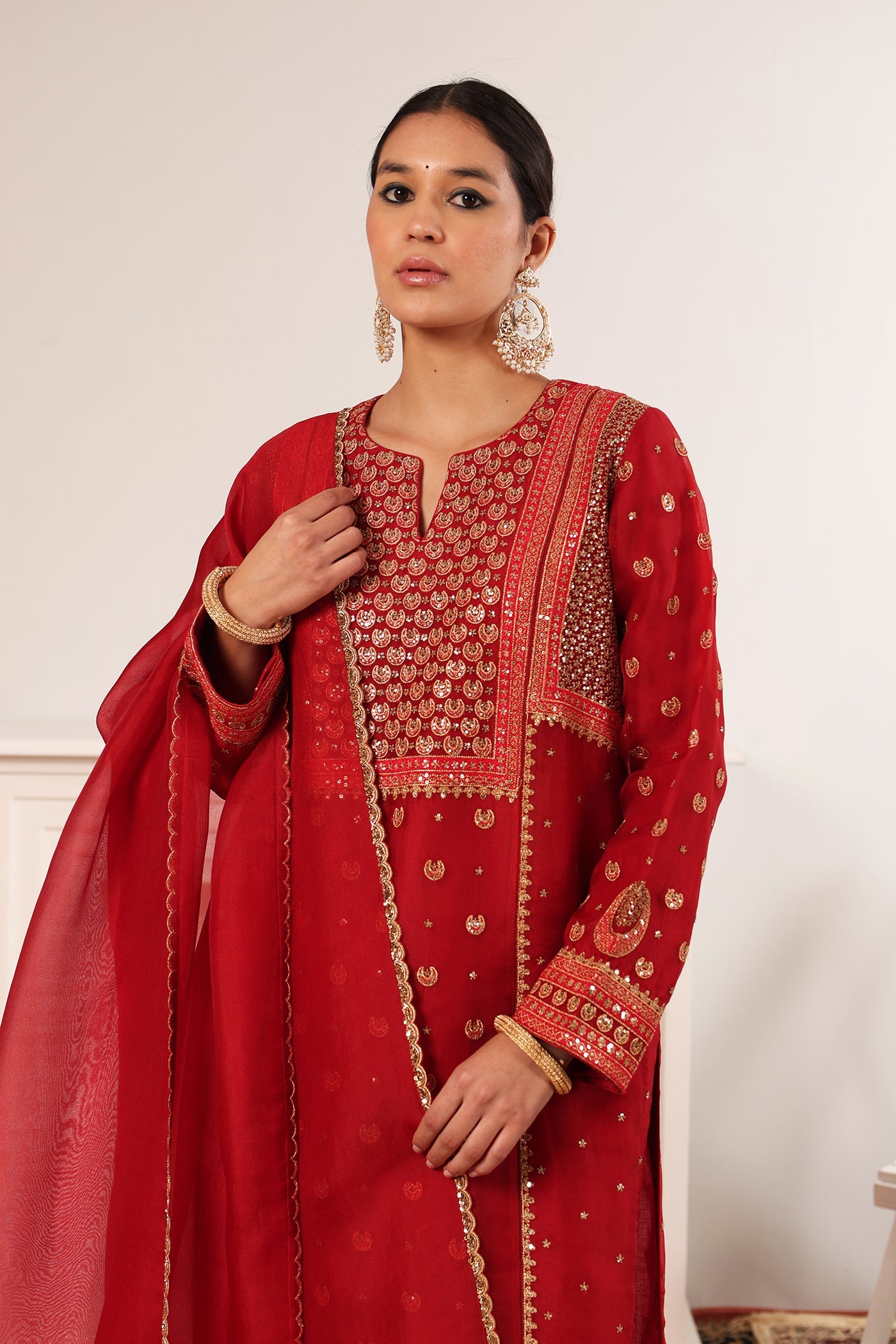 Bridal-Red Hand-Embroidered Pure Silk-Organza Kurta-Pants Set