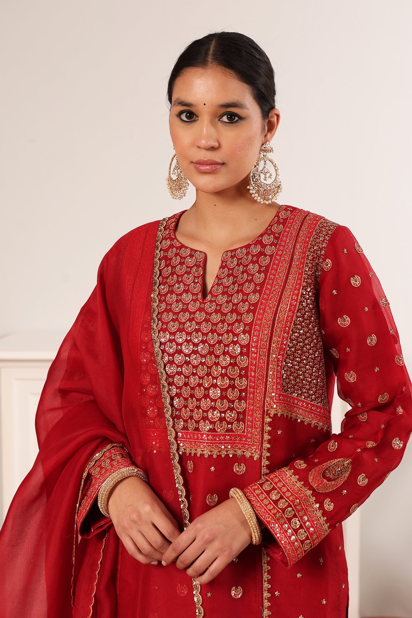 Bridal-Red Hand-Embroidered Pure Silk-Organza Kurta-Pants Set