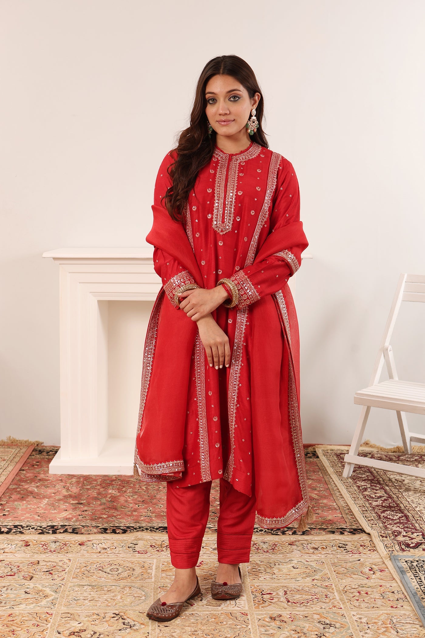 Rust-Red Hand-Embroidered Pure Muga-Silk Kurta-Pants Set