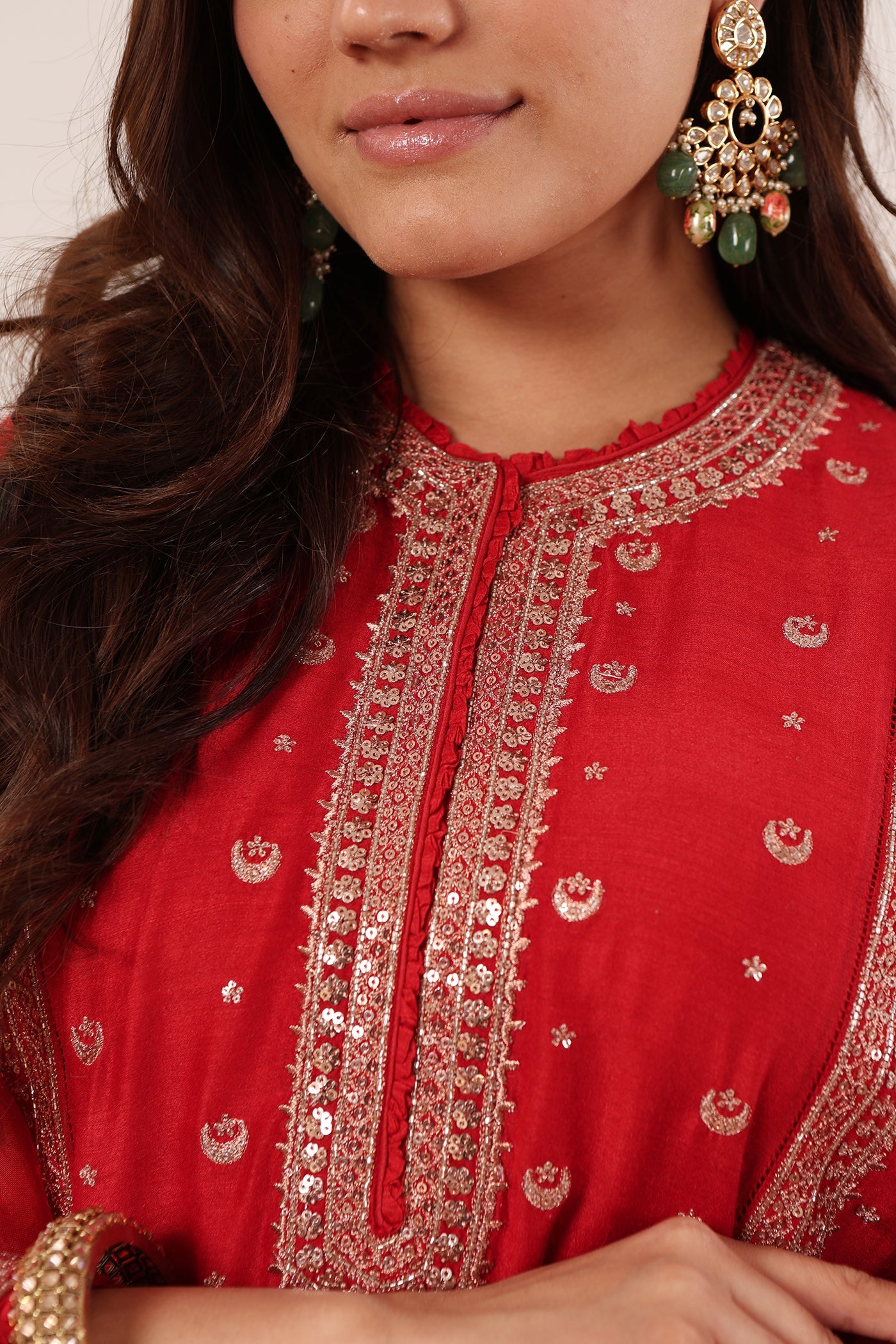 Rust-Red Hand-Embroidered Pure Muga-Silk Kurta-Pants Set