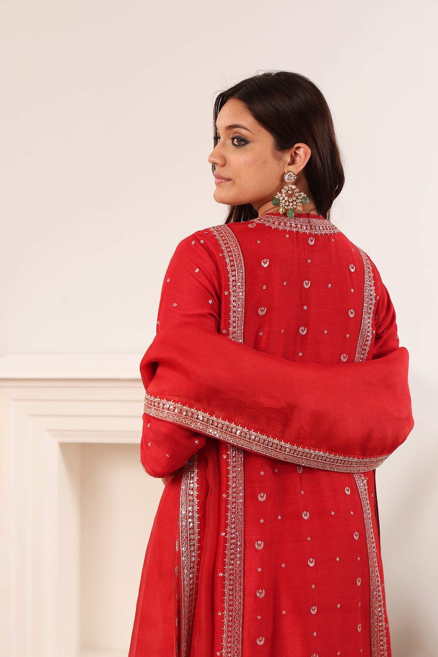 Rust-Red Hand-Embroidered Pure Muga-Silk Kurta-Pants Set