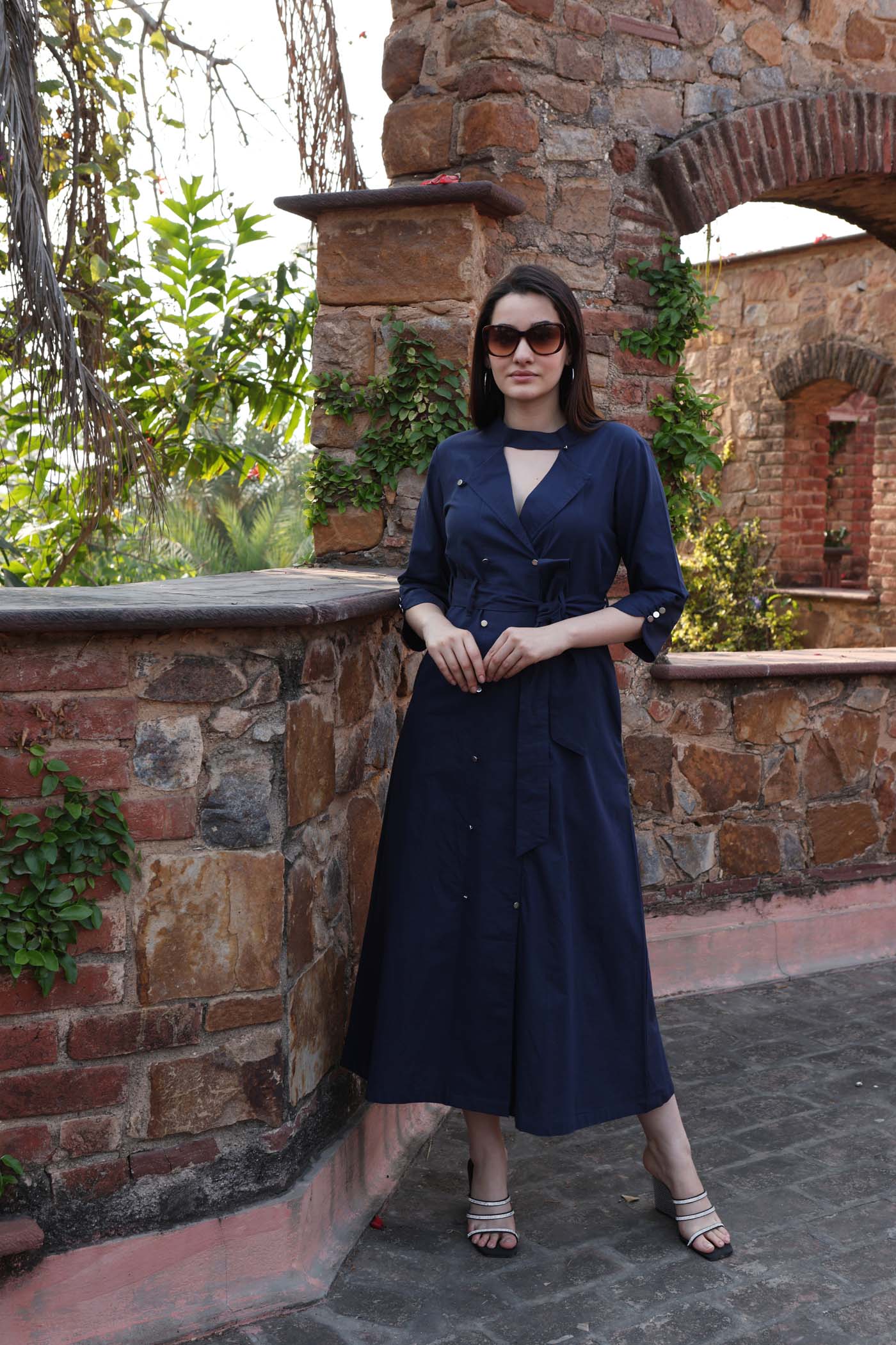 Blue Pure Linen-Cotton Collared Front-Open Long-Dress With Metal Buttons & Belt