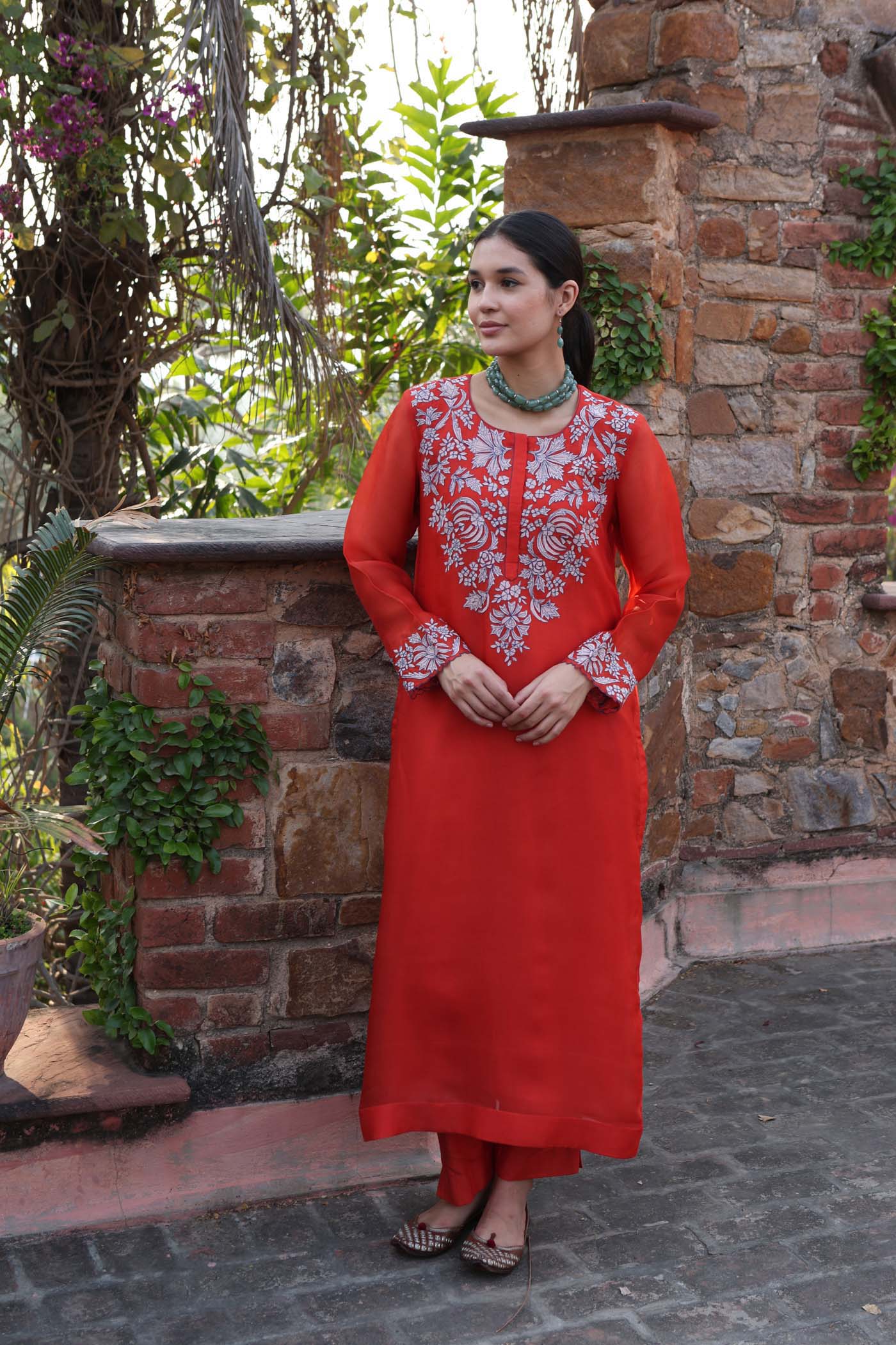 Dusty-Orange Embroidered (Applique & Cuwork) Pure Silk-Organza Kurta-Pants Set