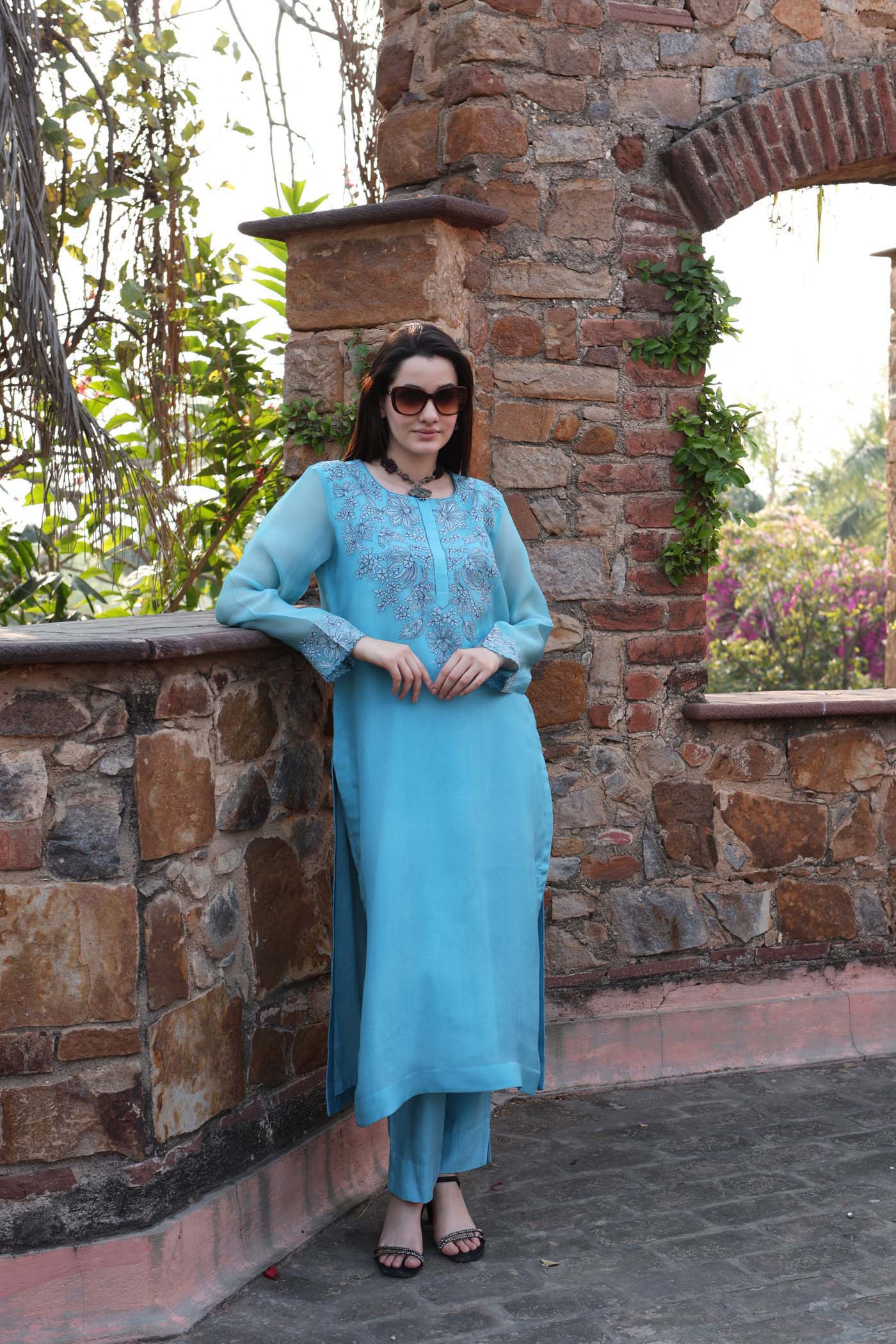 Dusty Sky-Blue Embroidered (Applique & Cuwork) Pure Silk-Organza Kurta-Pants Set