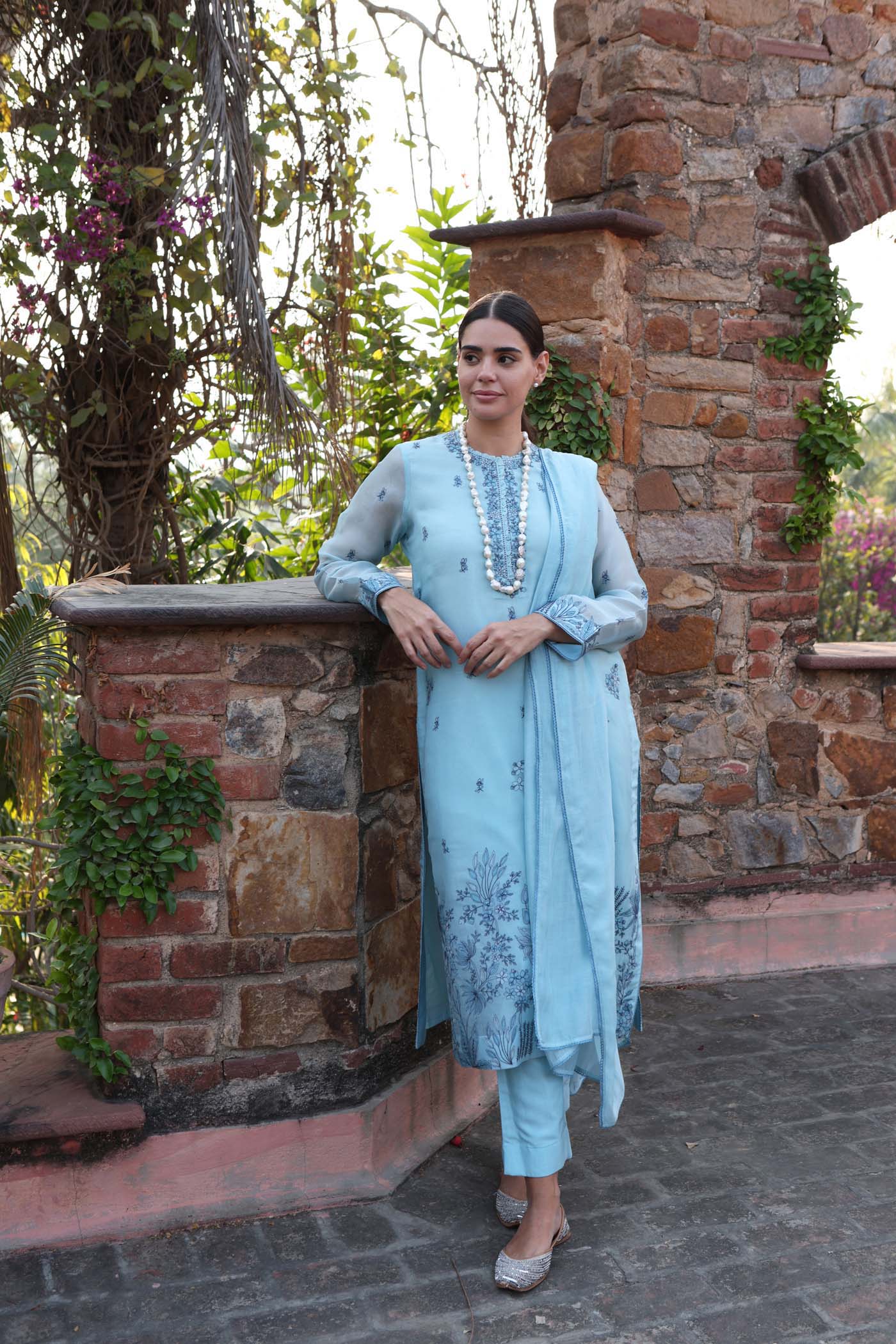 Dusty Sky-Blue Embroidered (Applique & Cuwork) Pure Silk-Organza Kurta-Pants Set