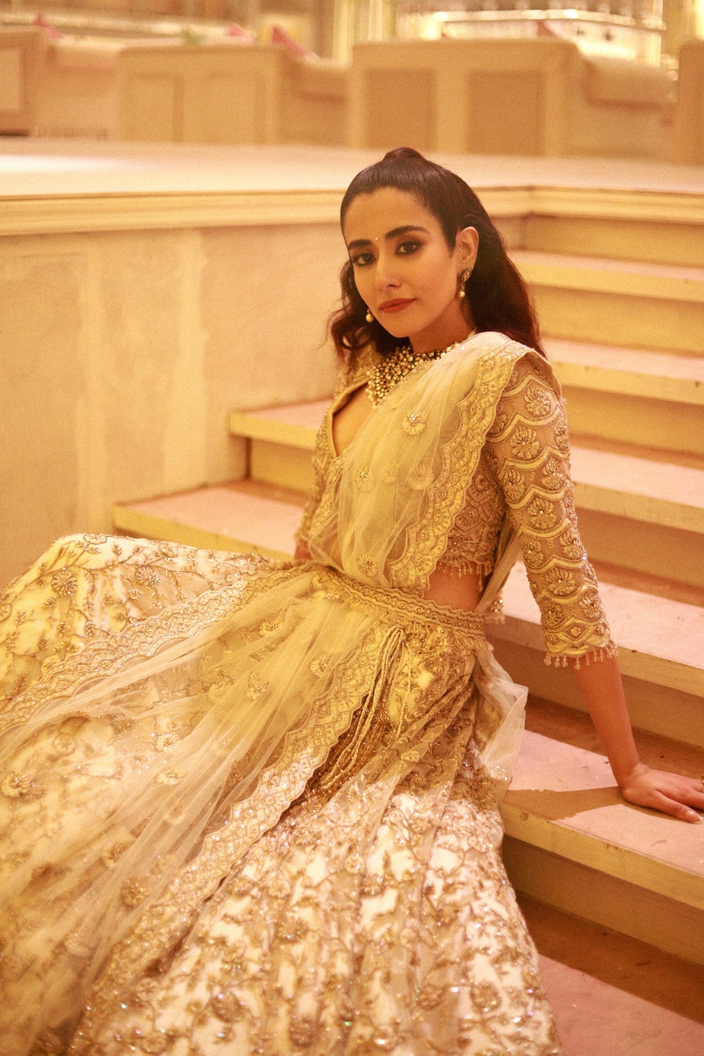 Jonita Gandhi In Light Beige Net Lehenga Choli Set