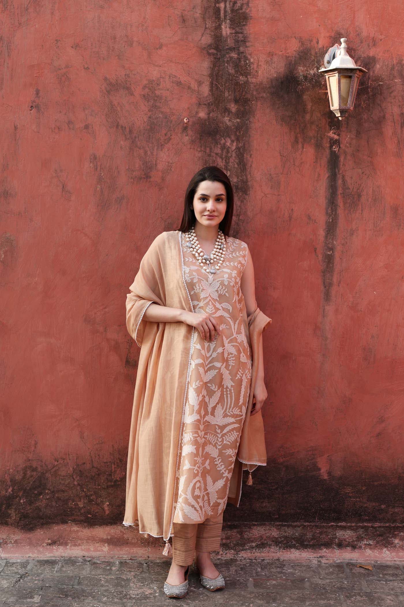 Embroidered (Applique & Cuwork) Peach- Pink Pure Silk-Organza Sleeveless Kurta- Pants Set