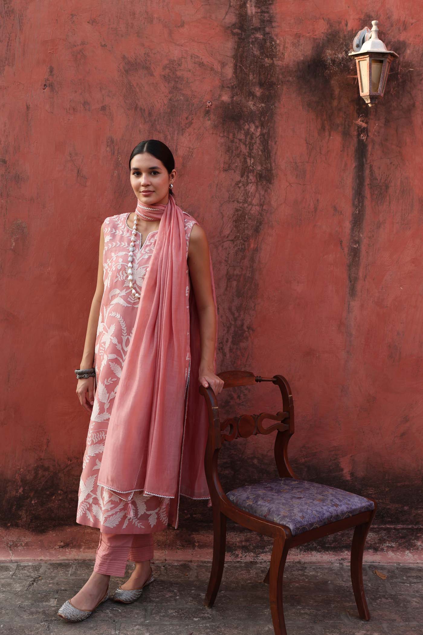 Embroidered (Applique & Cuwork) Dusty Peac Pure Silk-Organza Sleeveless Kurta- Pants Set