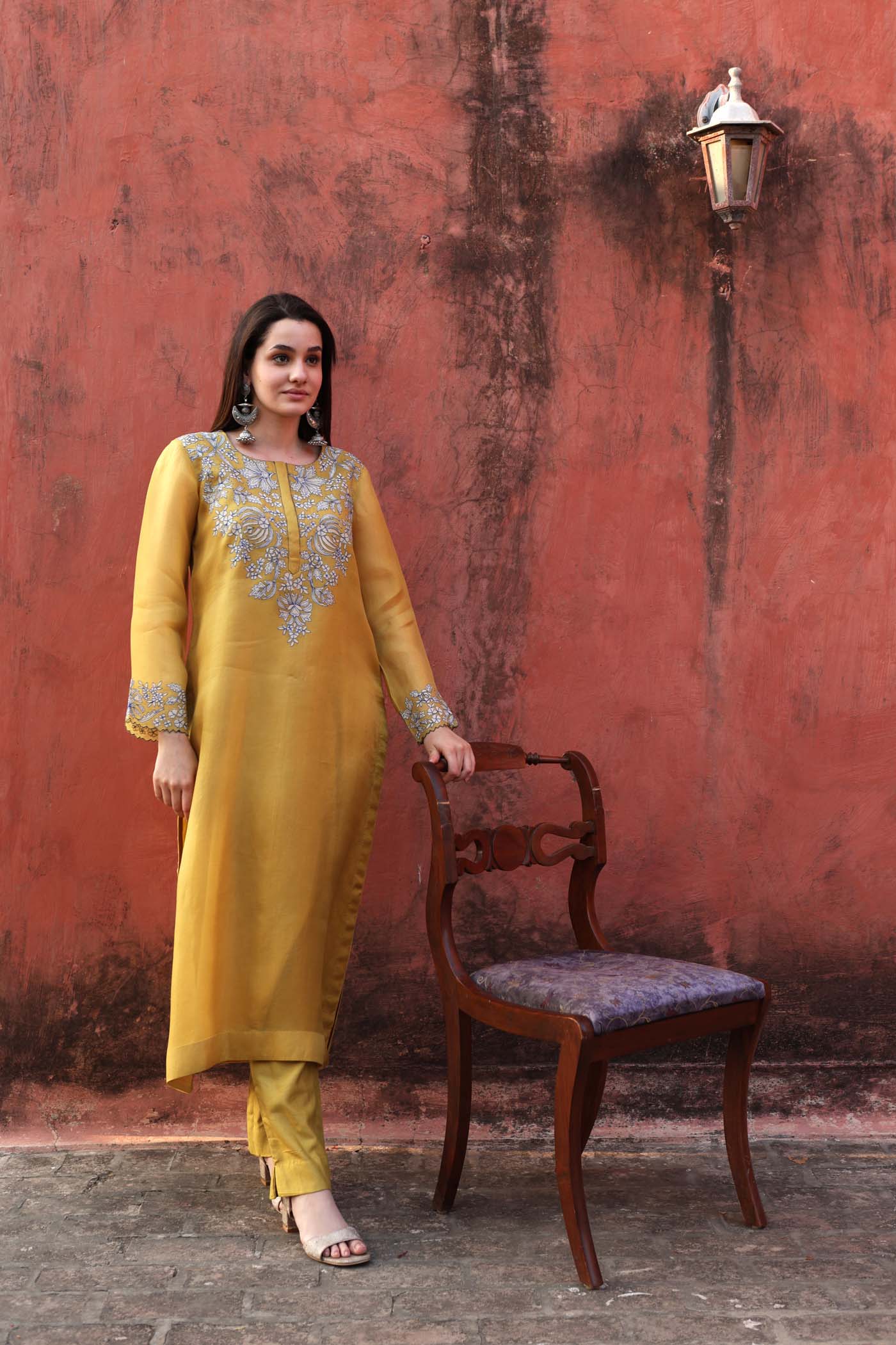 Dusty-Lime Embroidered (Applique & Cuwork) Pure Silk-Organza Kurta-Pants Set