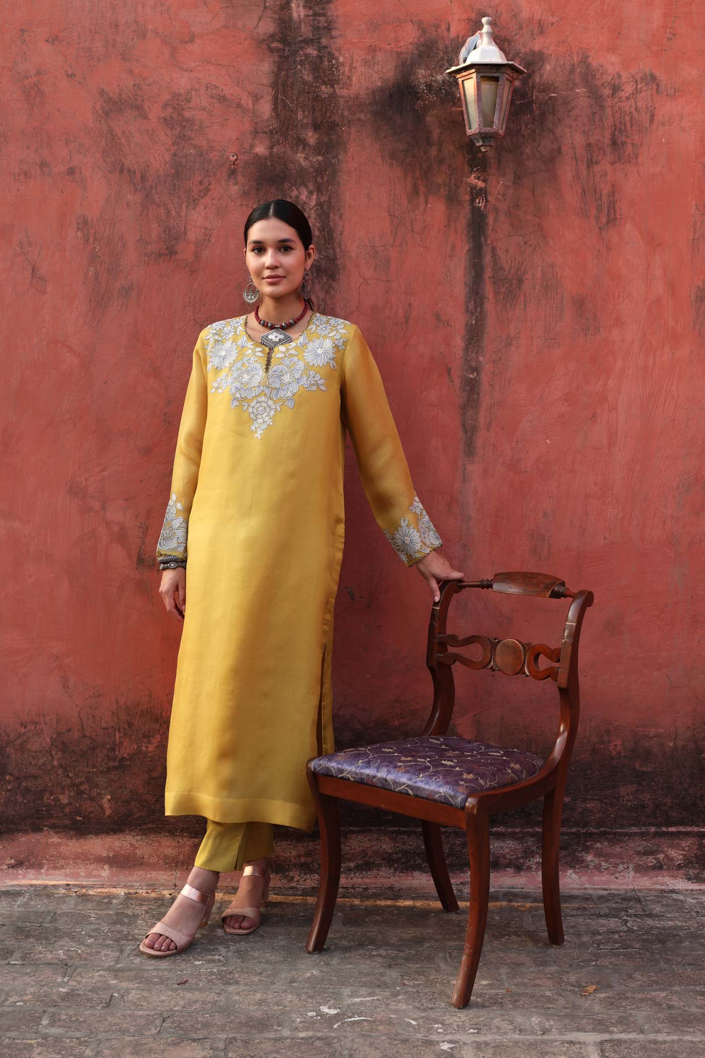 Dusty-Lime Embroidered (Applique & Cuwork) Pure Silk-Organza Kurta-Pants Set
