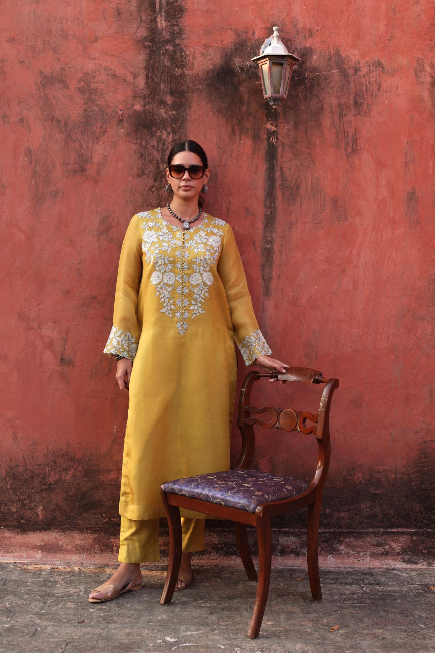 Dusty-Lime Embroidered (Applique & Cuwork) Pure Silk-Organza Kurta-Pants Set