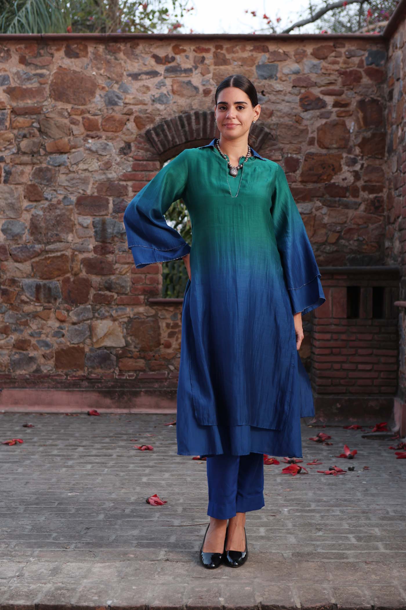 Peacock Blue-Green Ombre Double-Layered Collared Pure Cotton-Silk Kurta-Pants Set