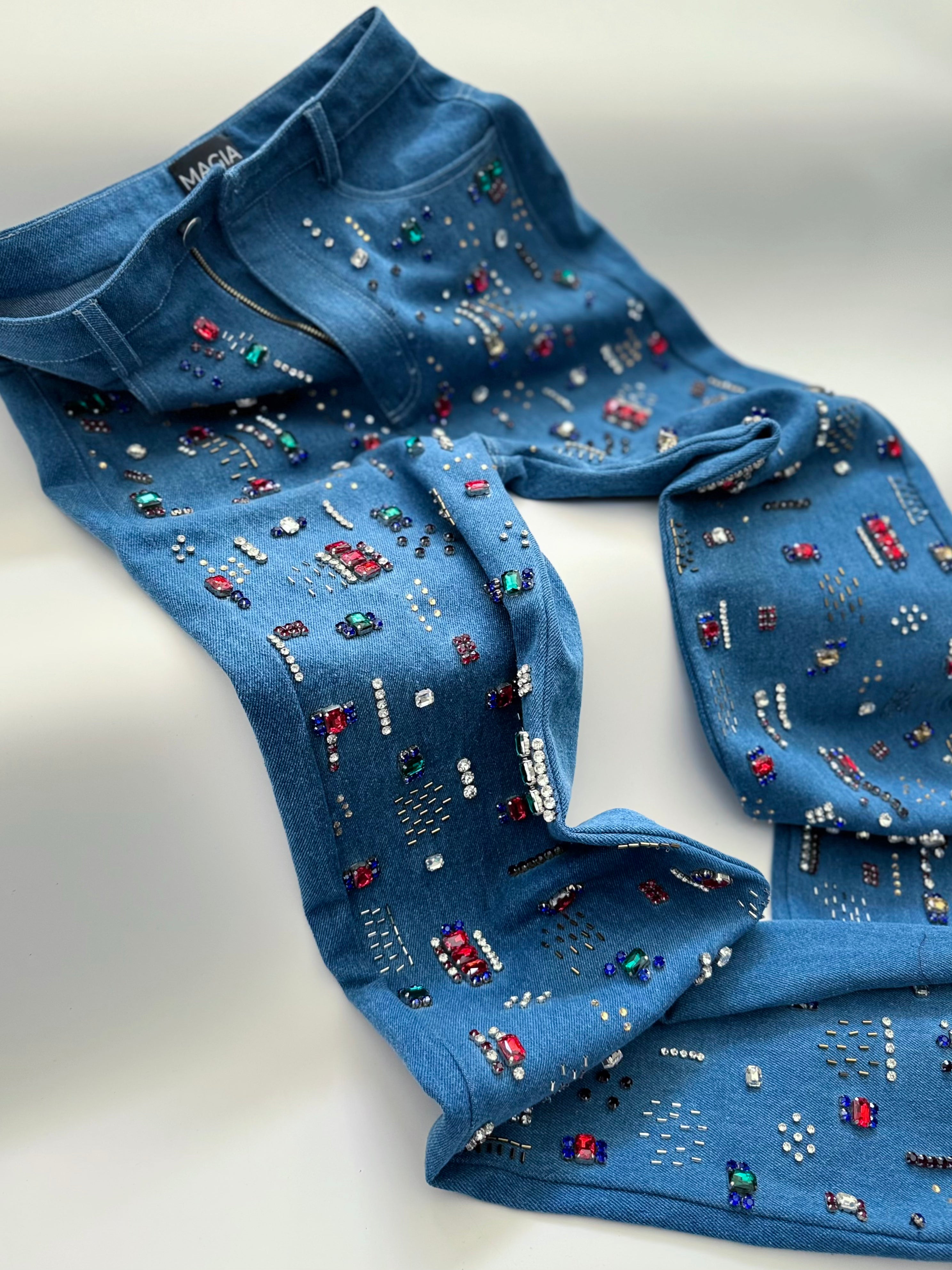 High-waisted multi-embellished denim jeans