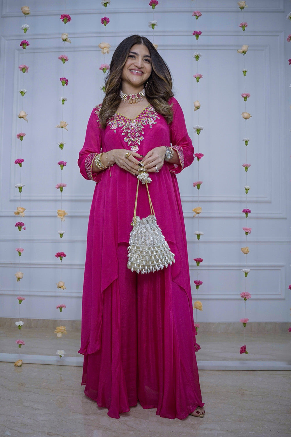 Rani Pink Chiffon Asymmetrical Sharara Set - Chanda Collection