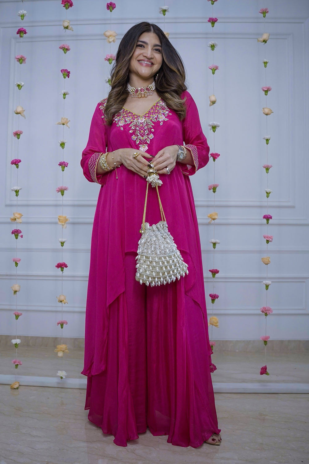 Rani Chiffon Asymmetrical Kurta Set with Sharara & Bustier